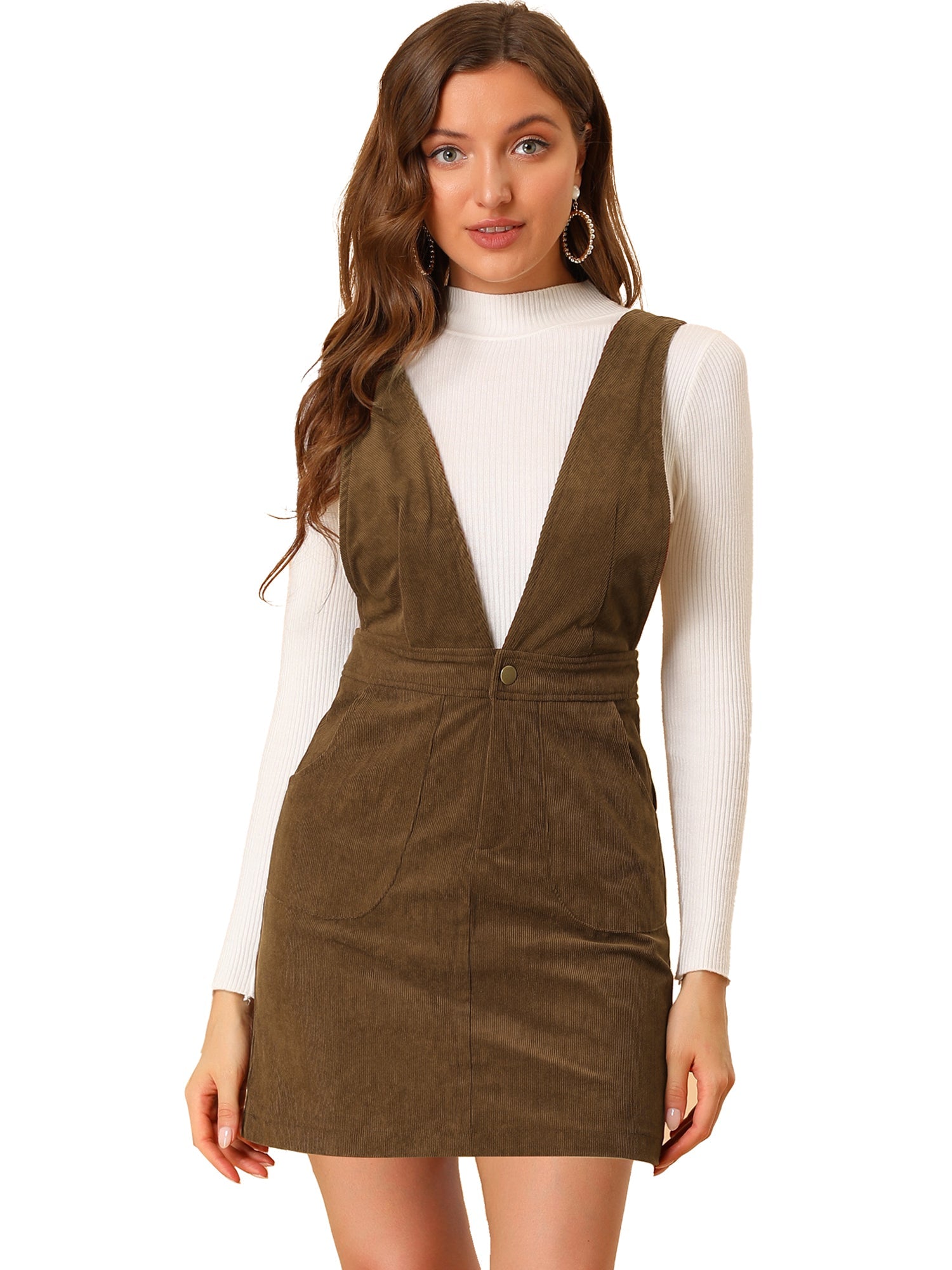 Corduroy Overall V Neck Strap Mini Pinafore Dress