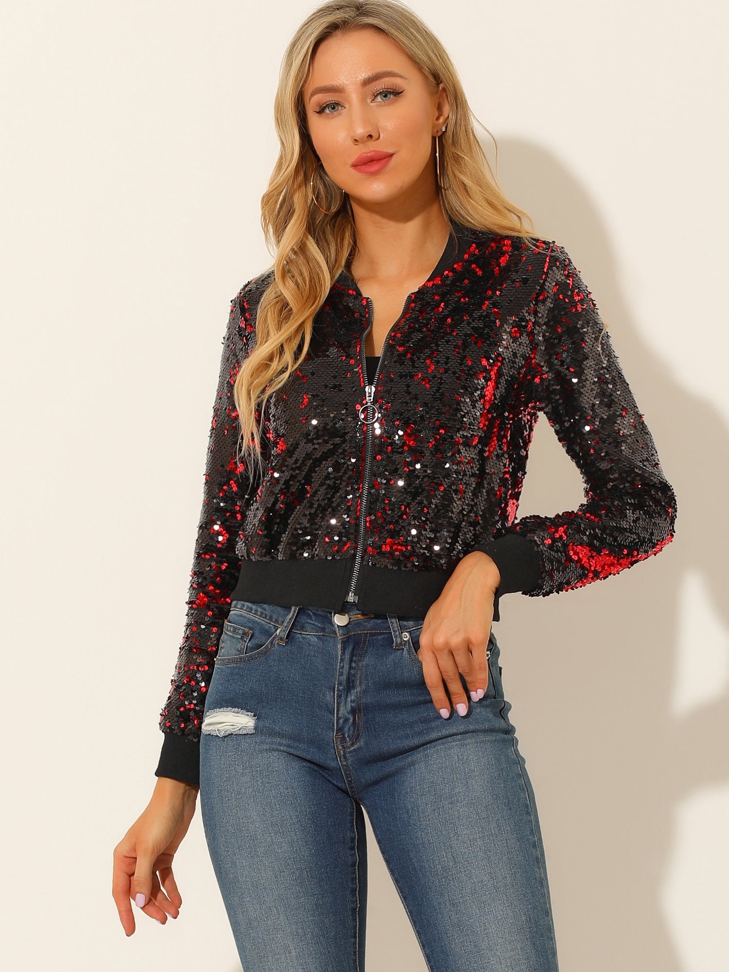 Sequin Long Sleeve Zipper Up Collarless Glitter Bomber Jacket