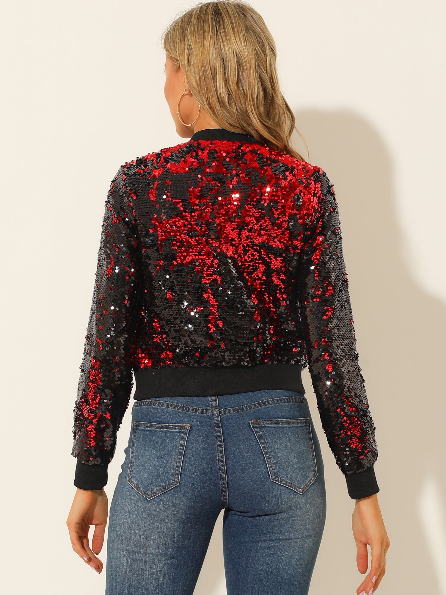 Sequin Long Sleeve Zipper Up Collarless Glitter Bomber Jacket