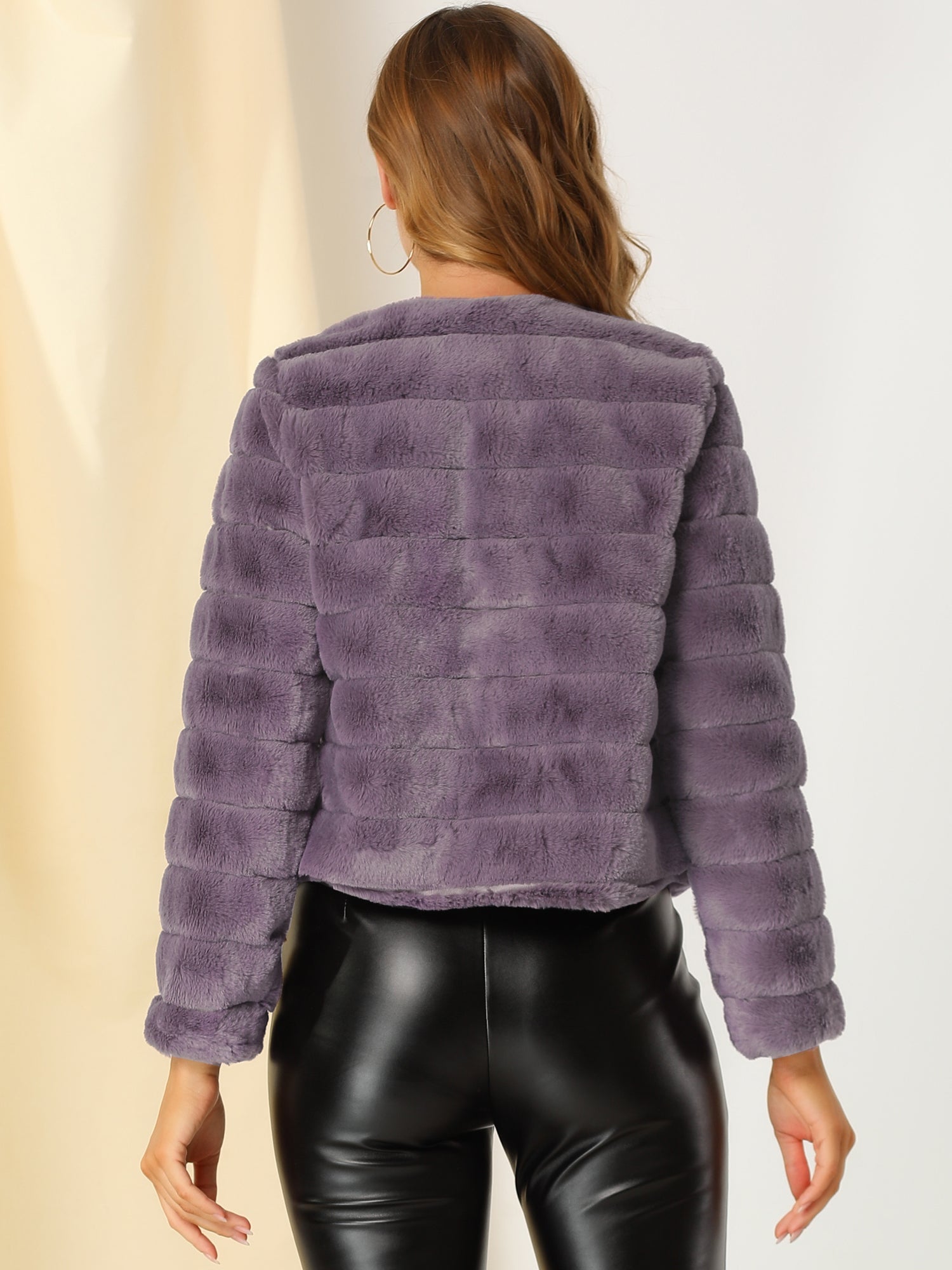 Winter Warm Cropped Collarless Faux Fur Fluffy Jacket