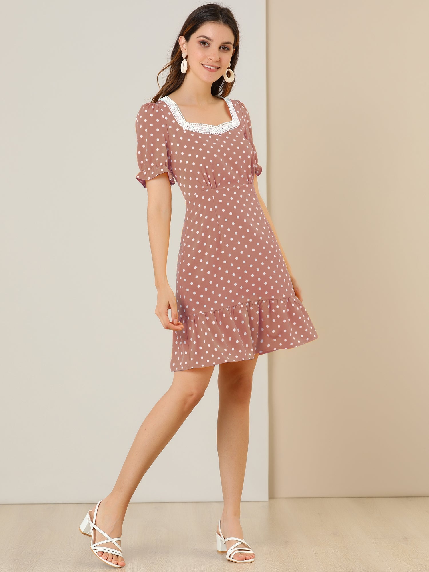 Summer Sweetheart Neck Ruffled Hem Puff Short Sleeve Polka Dots Dress