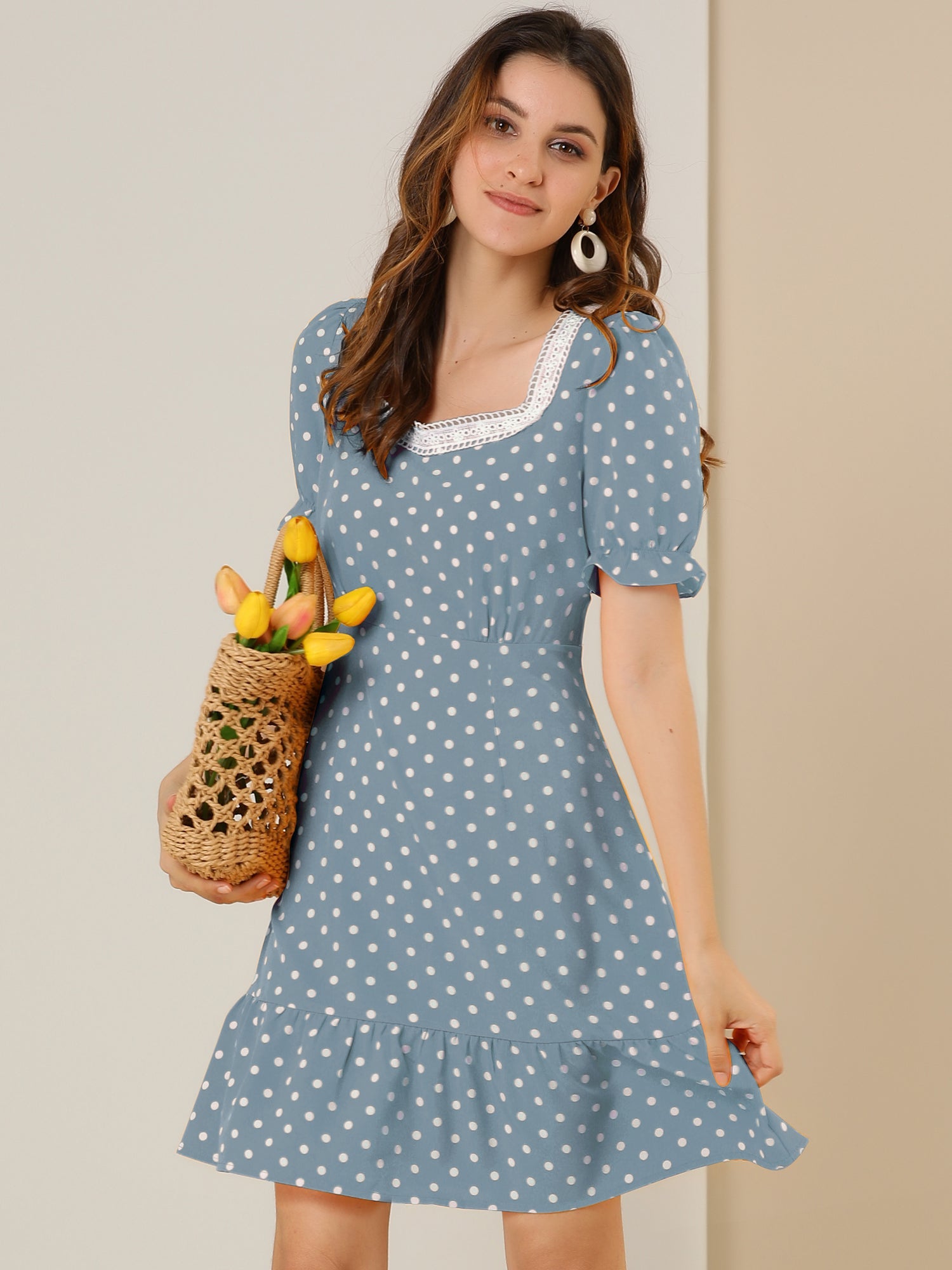 Summer Sweetheart Neck Ruffled Hem Puff Short Sleeve Polka Dots Dress