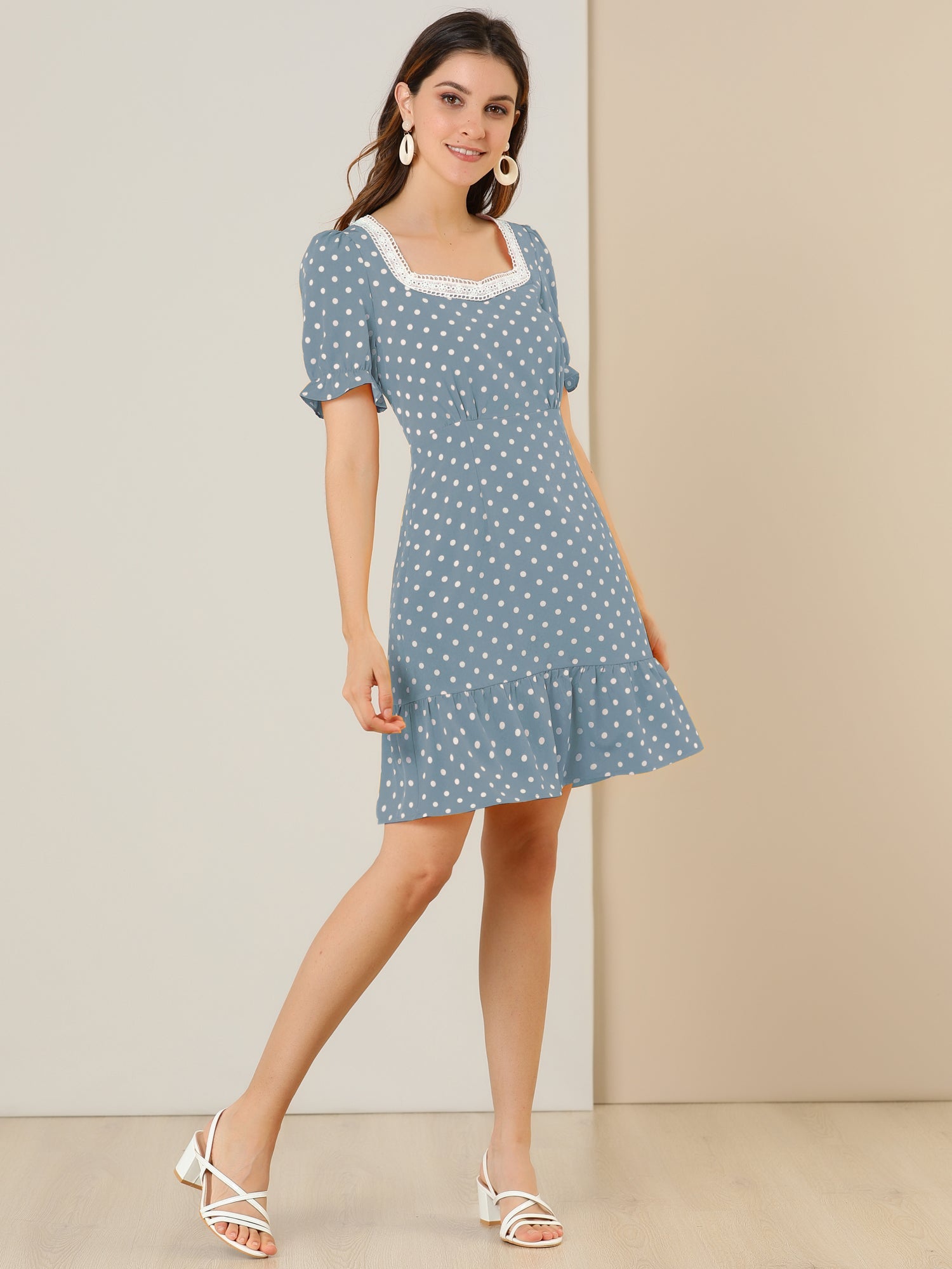 Summer Sweetheart Neck Ruffled Hem Puff Short Sleeve Polka Dots Dress