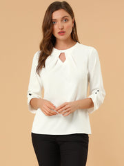Office Keyhole Pleated Front Ruched 3/4 Sleeve Chiffon Blouse