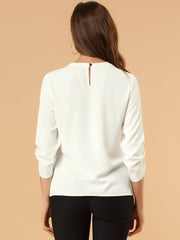 Office Keyhole Pleated Front Ruched 3/4 Sleeve Chiffon Blouse
