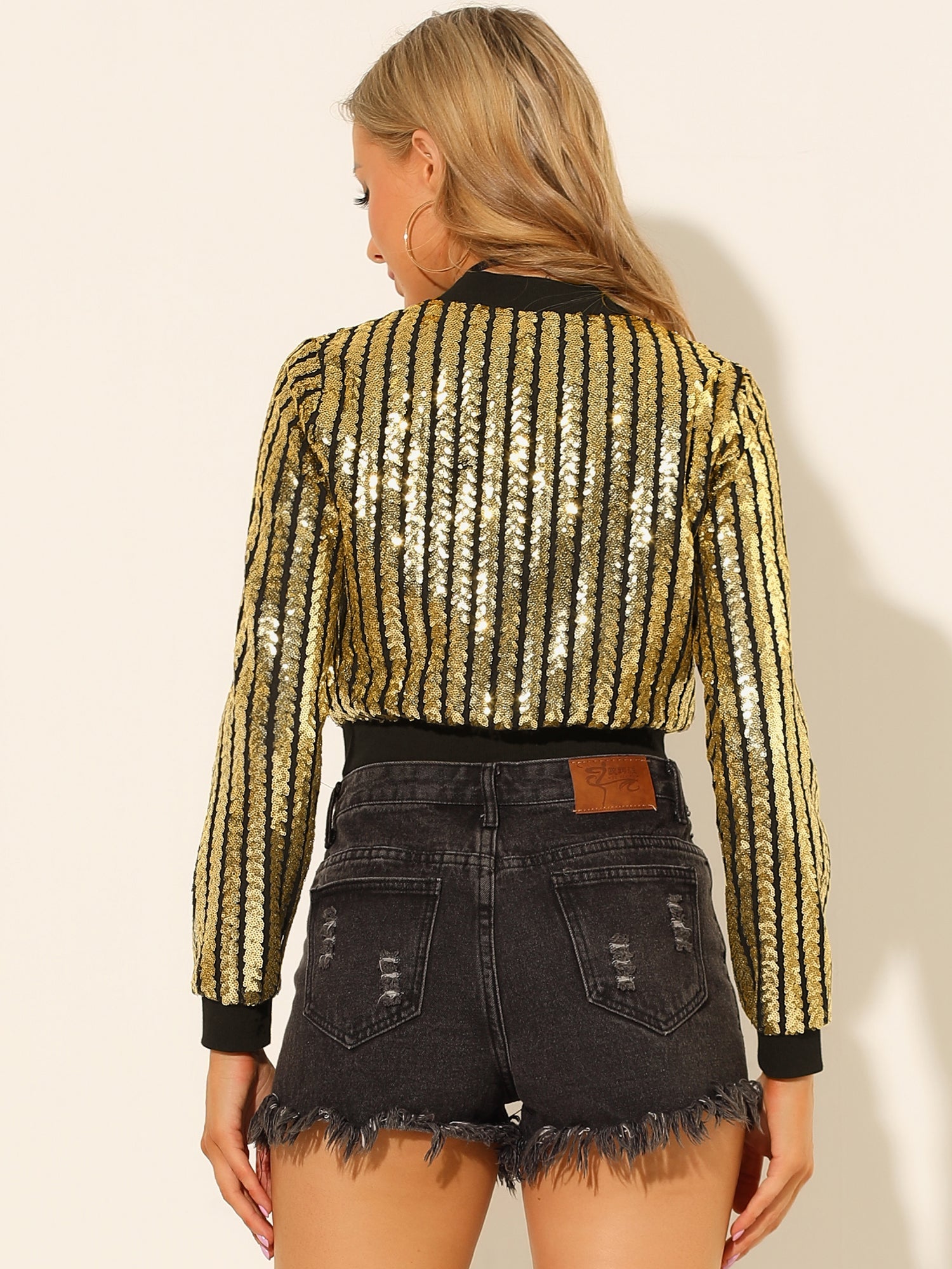 Metallic Sequin Shiny Zip Up Party Sparkly Crop Bomber Jacket