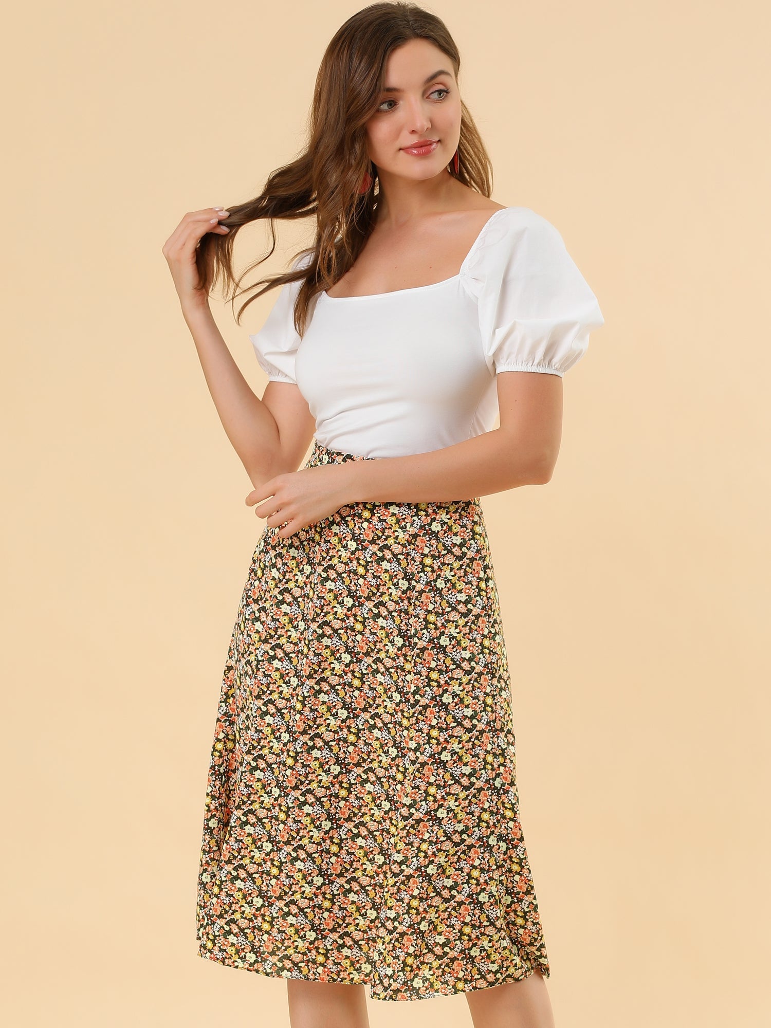 Floral Peasant Elastic Waist A-Line Ditsy Leave Midi Skirt