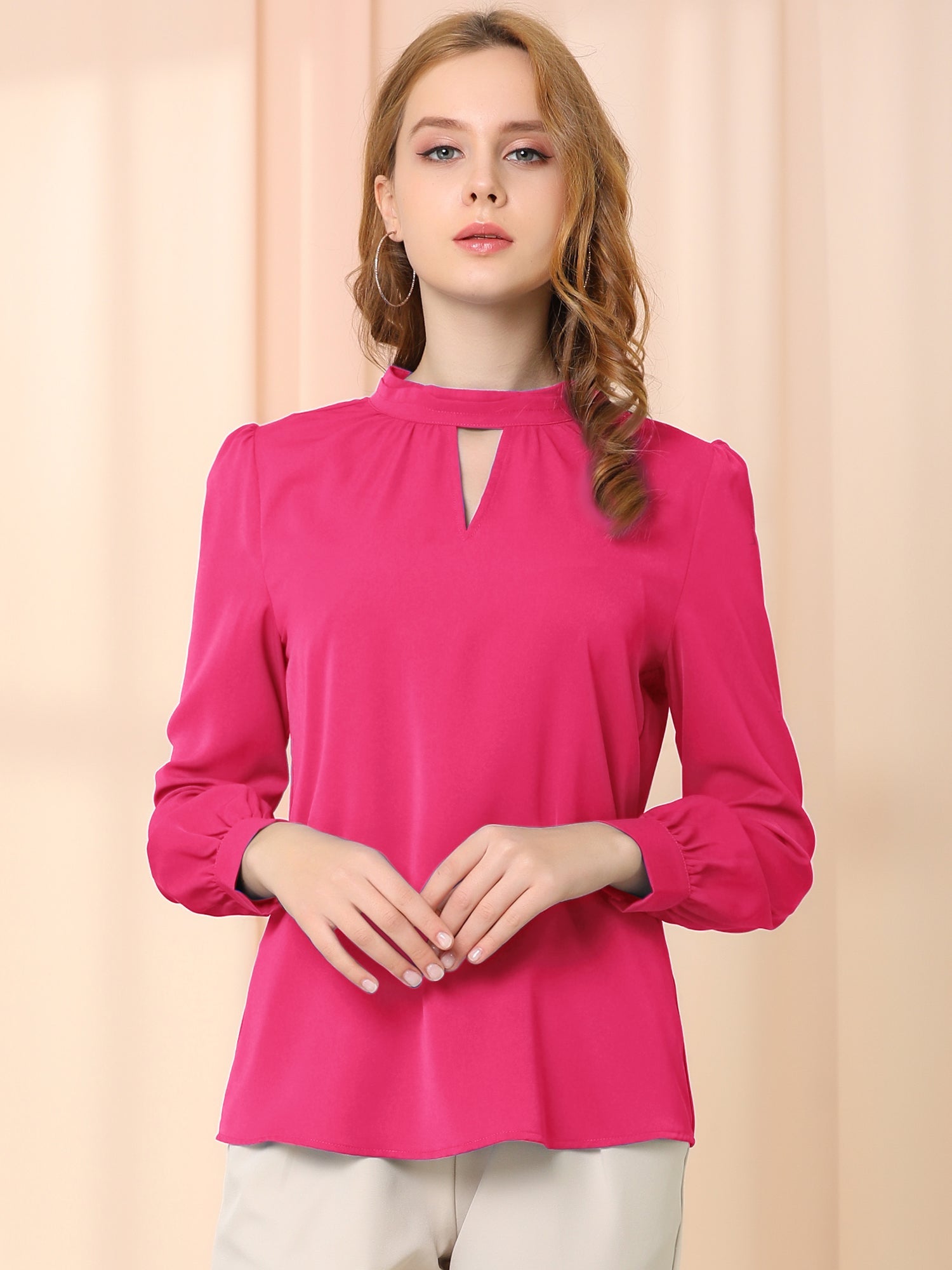 Keyhole Elegant Stand Collar Long Sleeve Chiffon Office Blouse