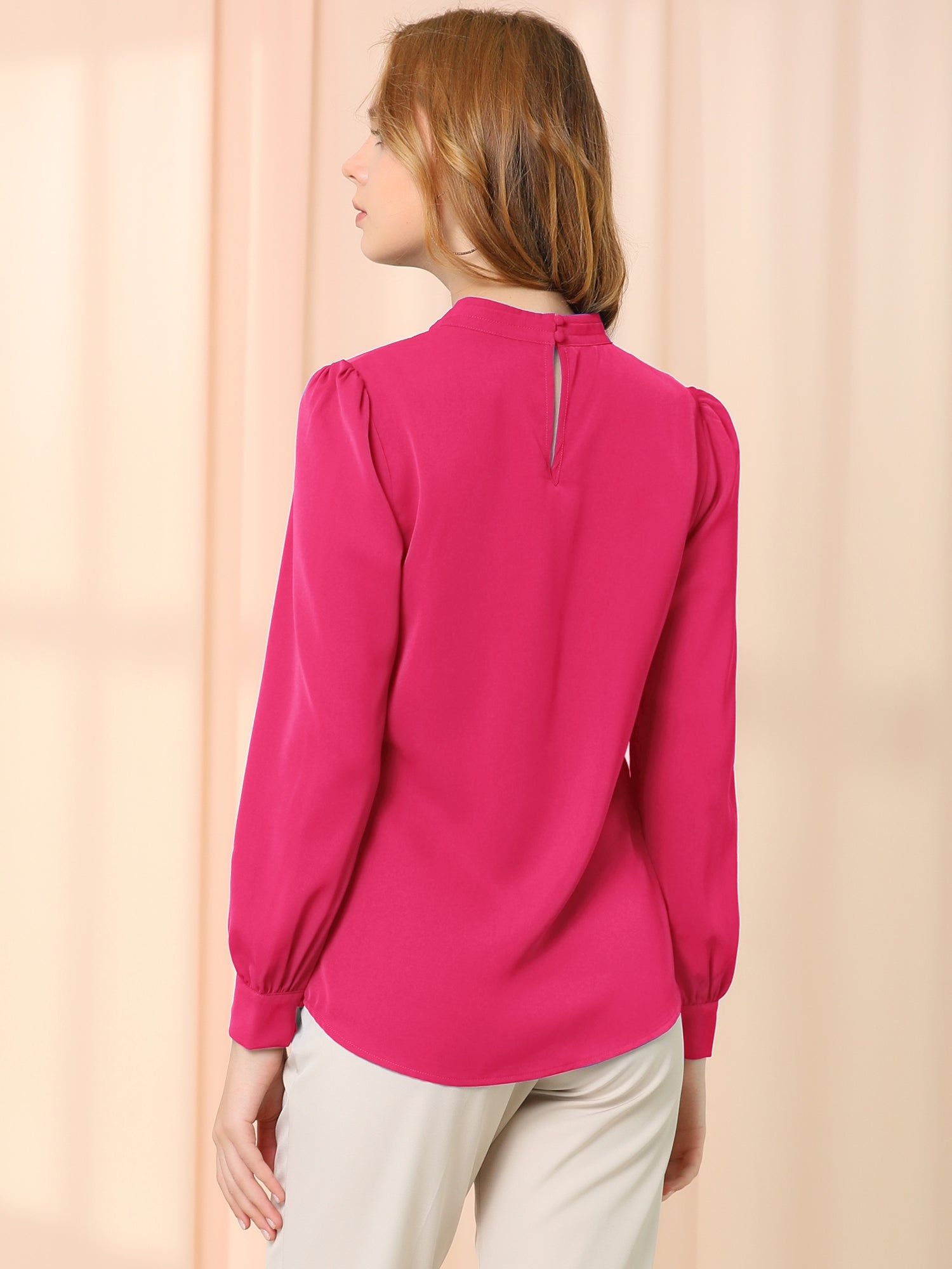Keyhole Elegant Stand Collar Long Sleeve Chiffon Office Blouse