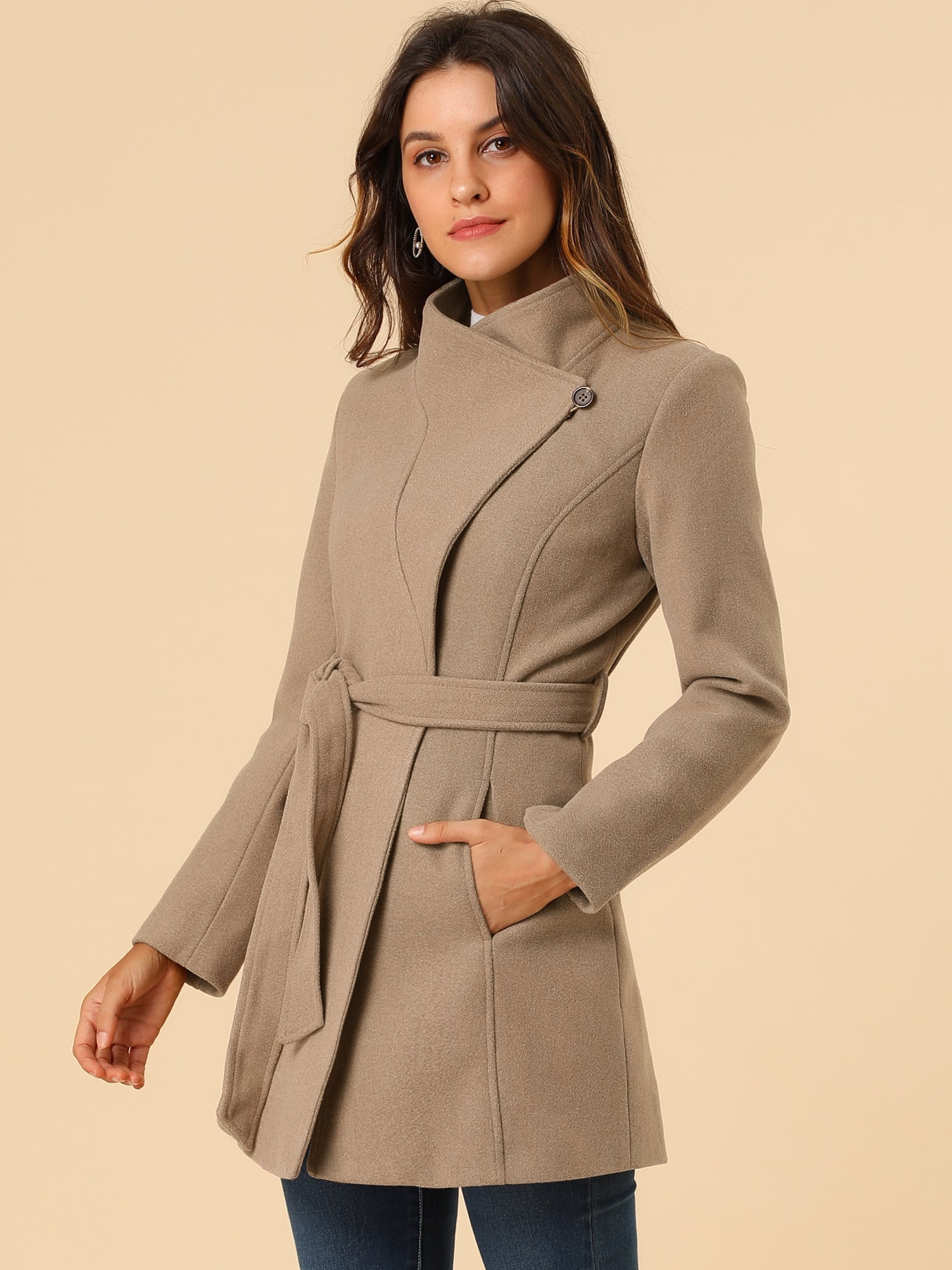 Classic Stand Collar Long Sleeve Belted Winter Coat