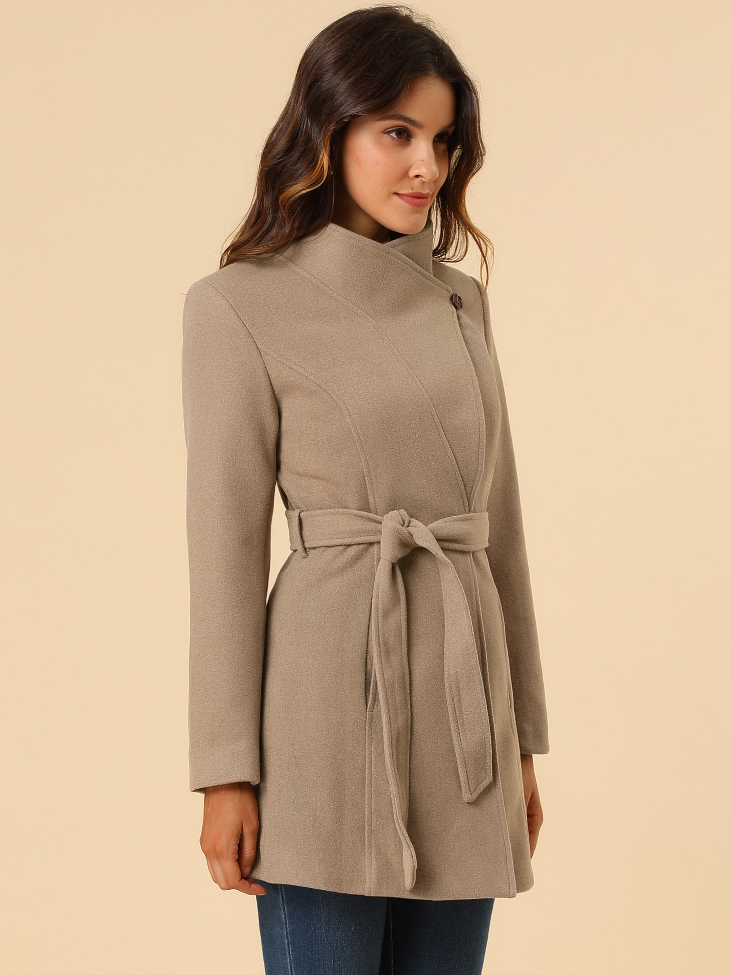 Classic Stand Collar Long Sleeve Belted Winter Coat