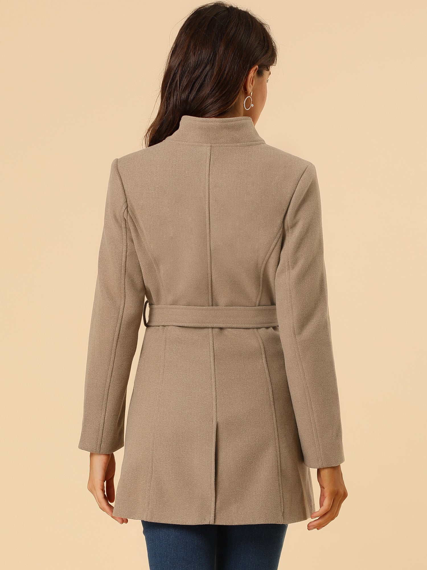 Classic Stand Collar Long Sleeve Belted Winter Coat