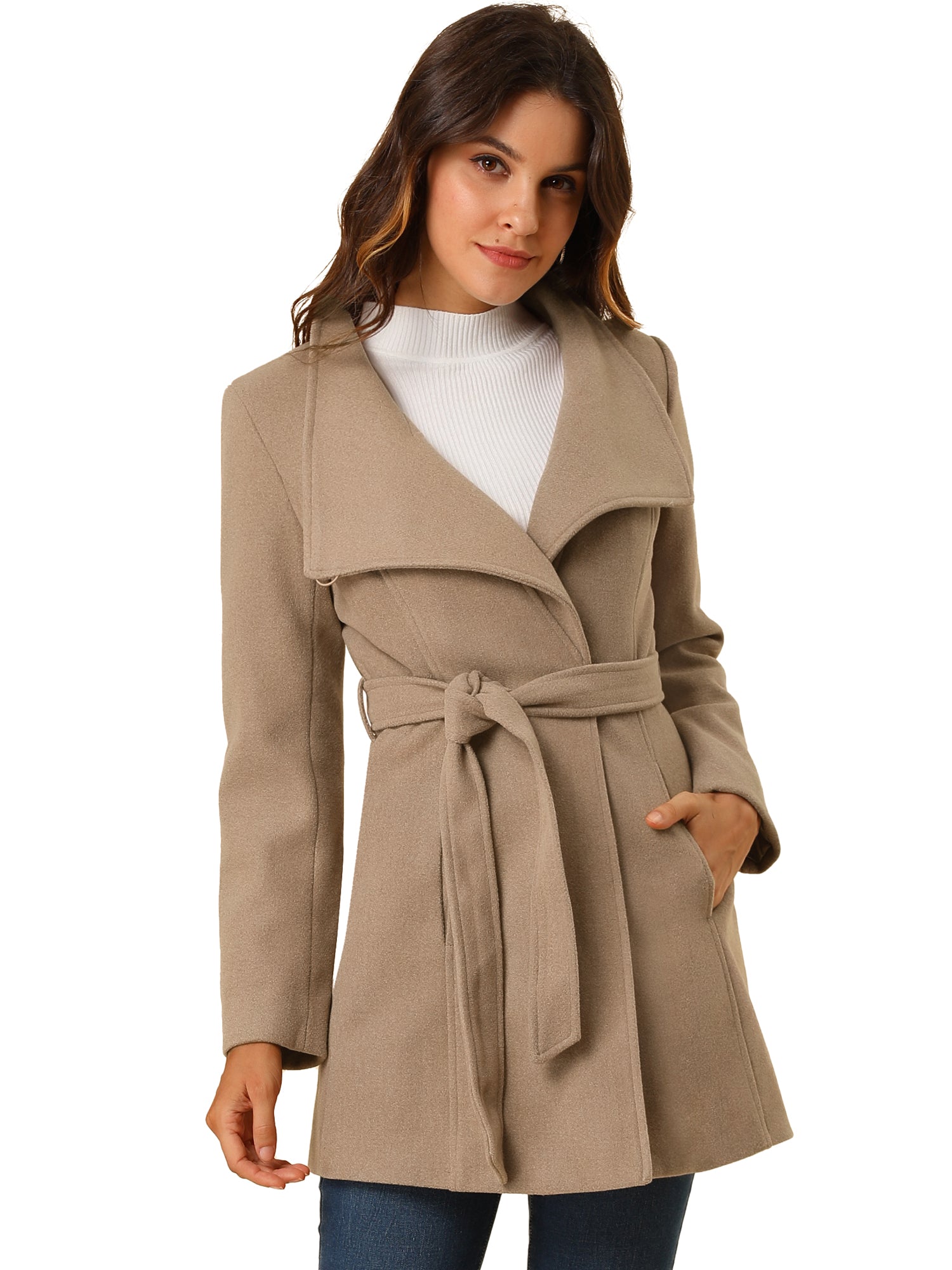 Classic Stand Collar Long Sleeve Belted Winter Coat