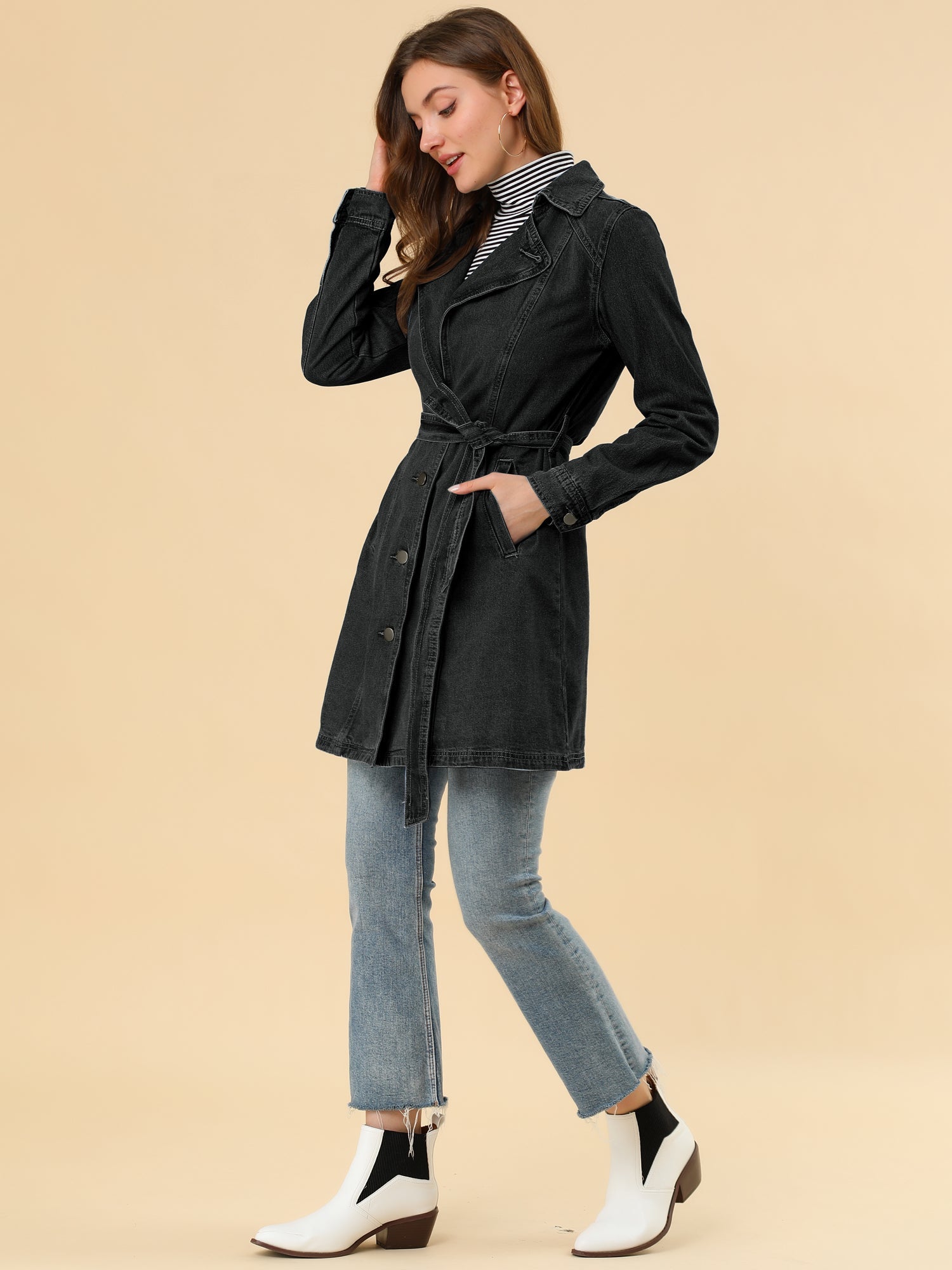 Notched Lapel Belted Trench Long Jean Denim Jacket