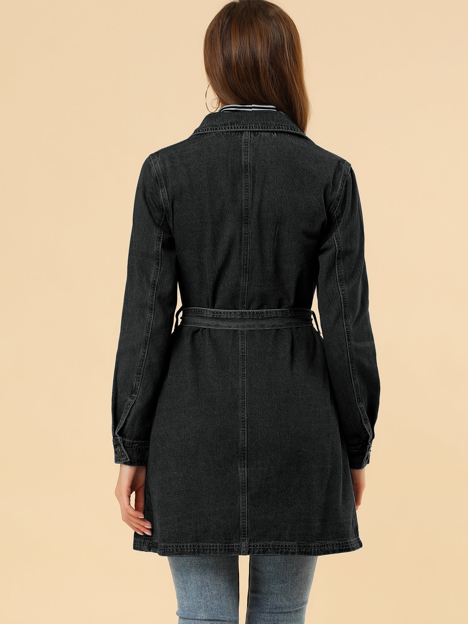 Notched Lapel Belted Trench Long Jean Denim Jacket