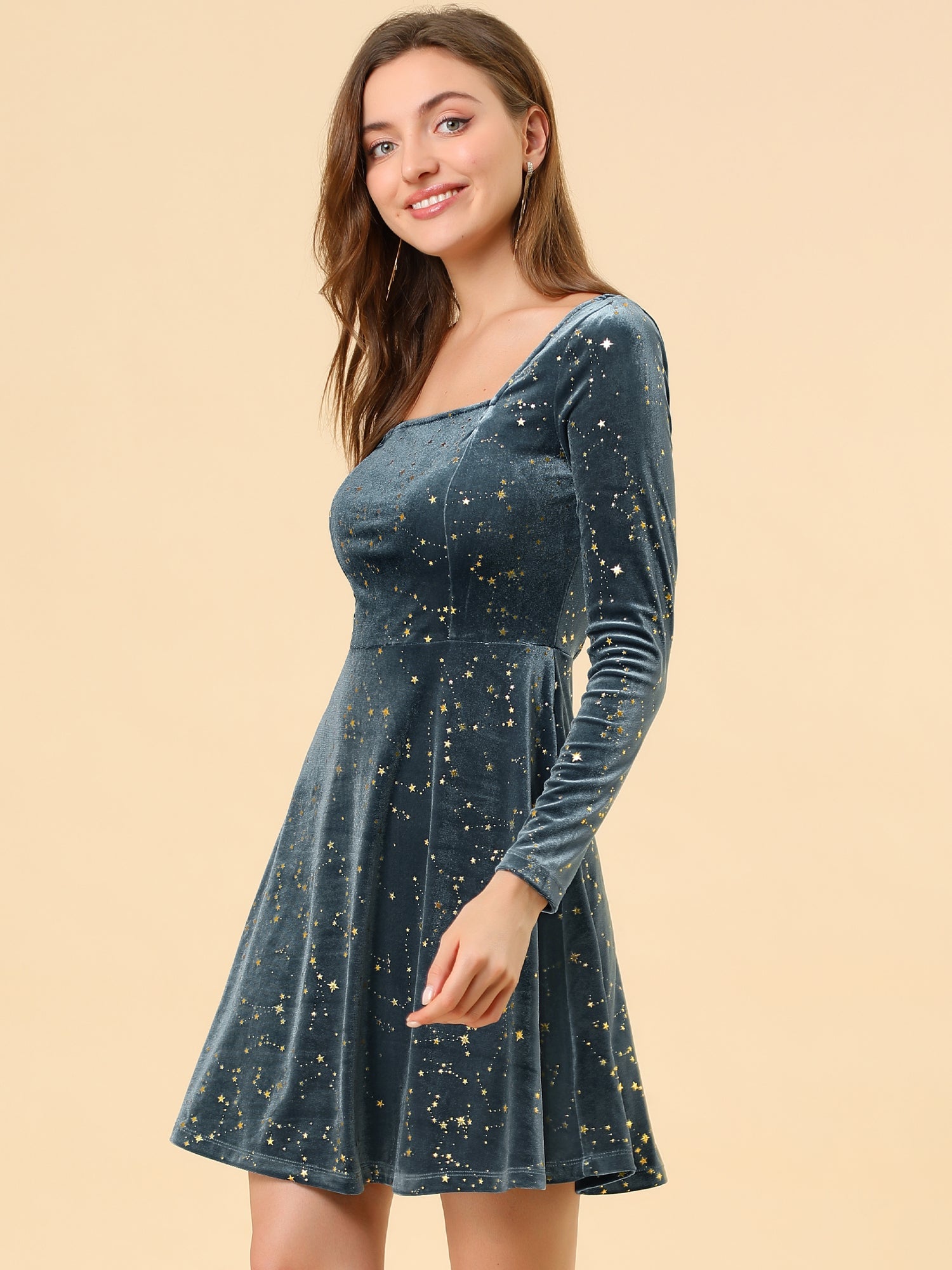 Christmas Stars Square Neck Vintage Velvet Mini Dress