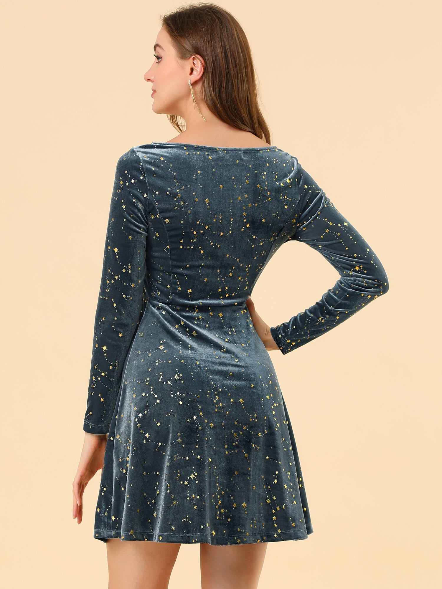 Christmas Stars Square Neck Vintage Velvet Mini Dress