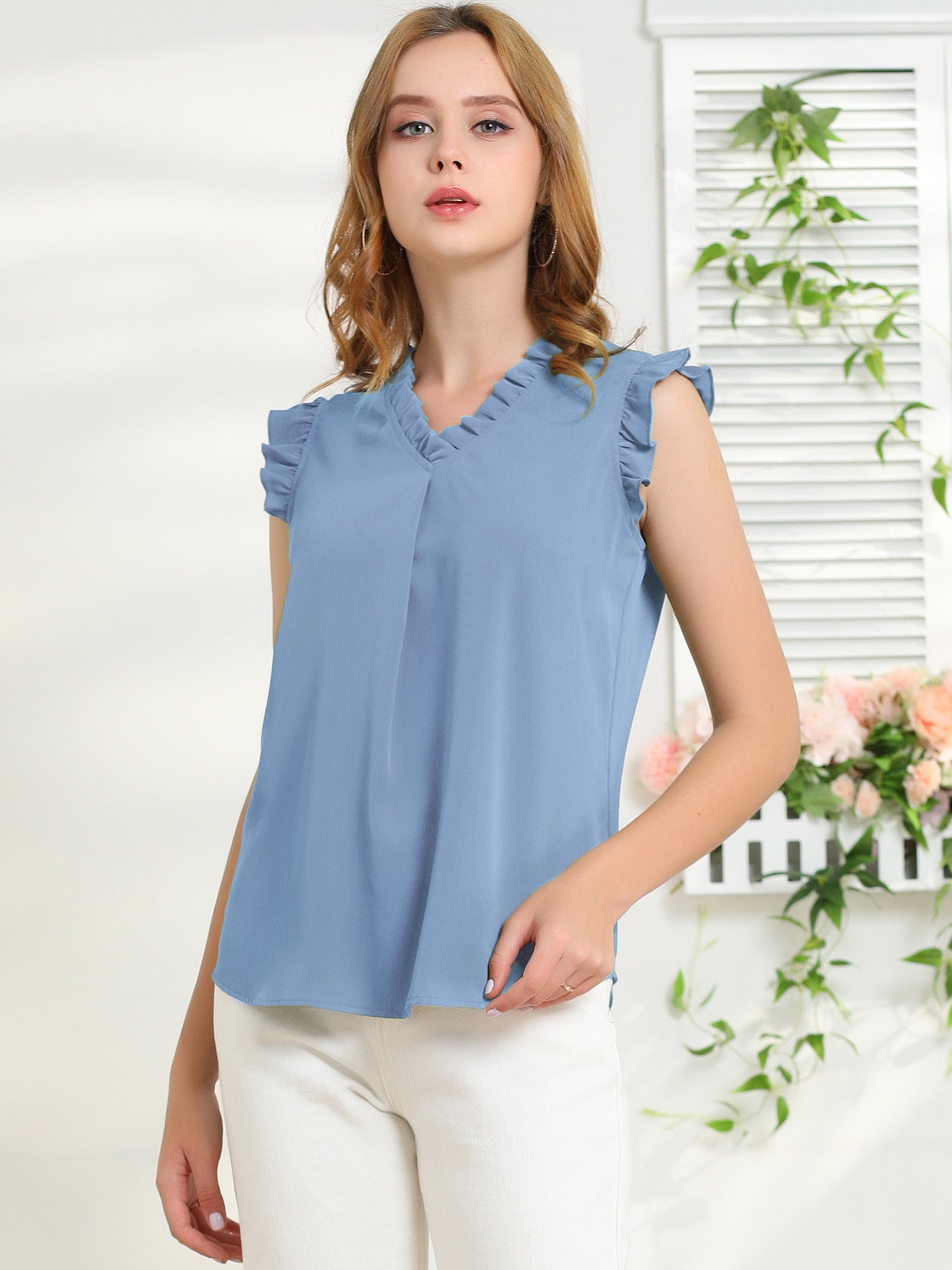 Ruffled Sleeveless Blouse 1950s Vintage Work Business Tops