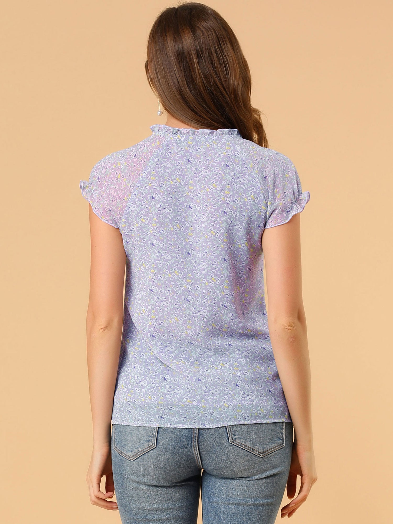 Ditsy Floral Print Chiffon Short Sleeve Ruffle Blouse