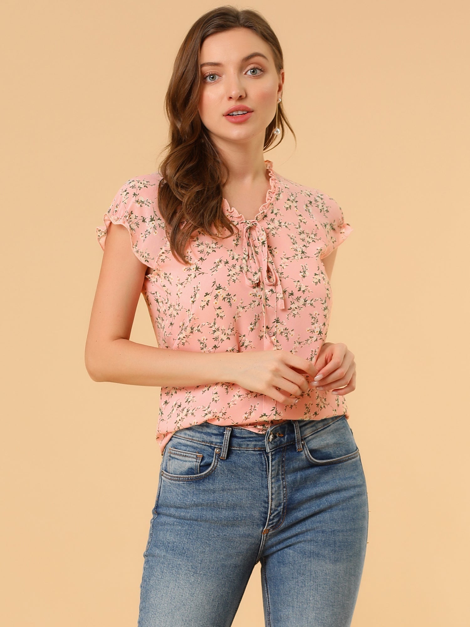 Ditsy Floral Print Chiffon Short Sleeve Ruffle Blouse