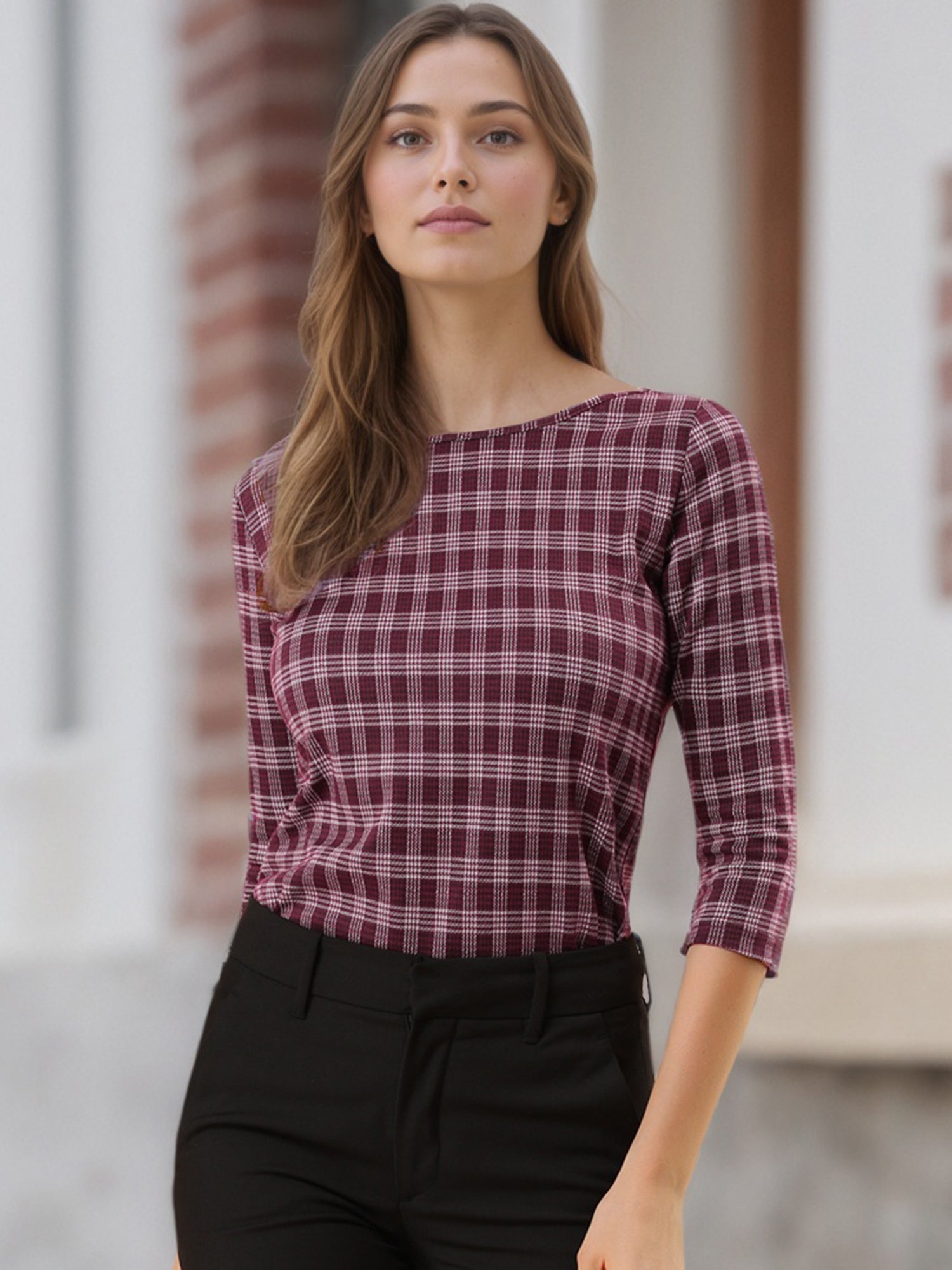 Work Office 3/4 Sleeve Boat Neck Houndstooth Printed Top Blouse