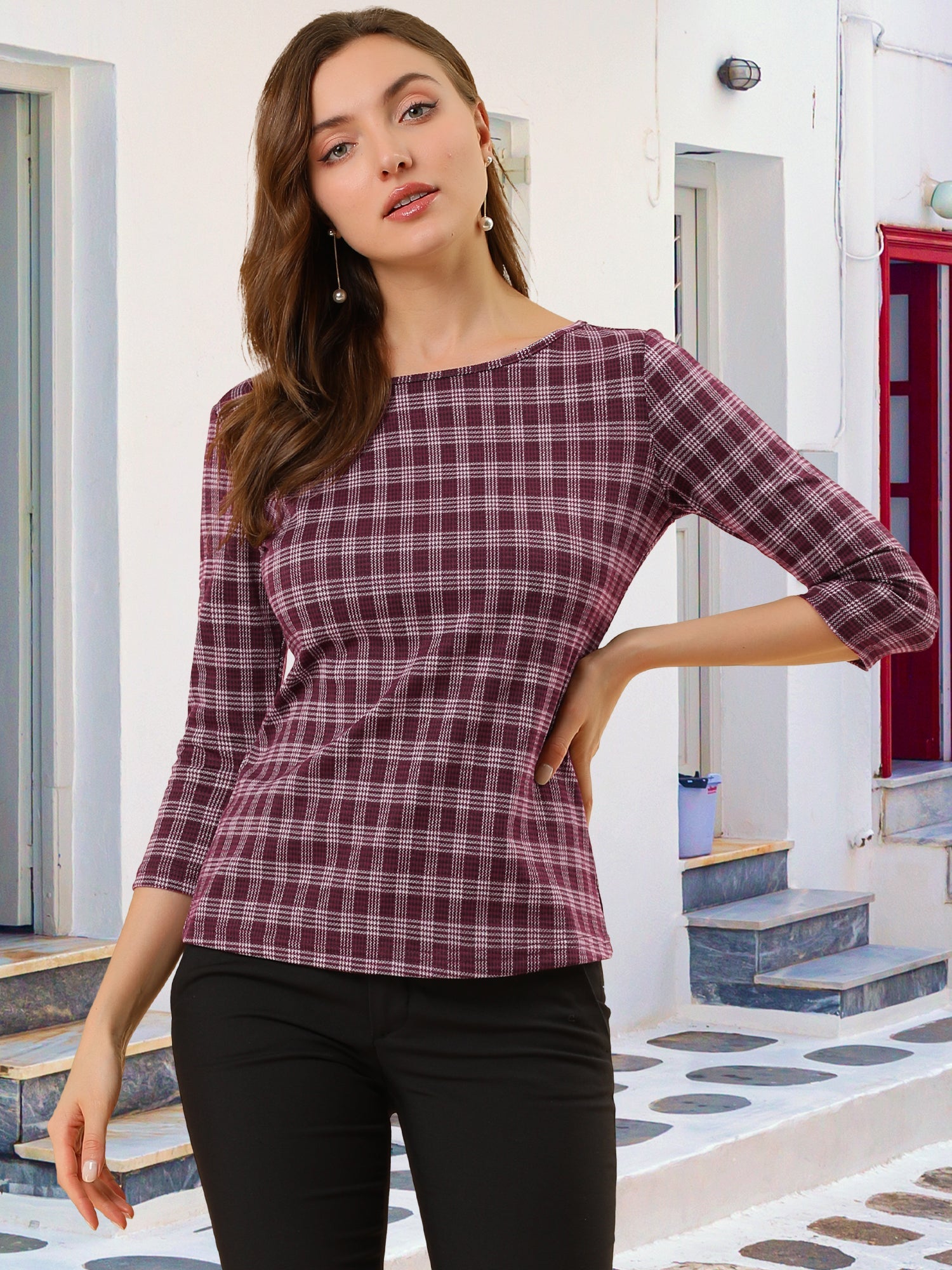 Work Office 3/4 Sleeve Boat Neck Houndstooth Printed Top Blouse