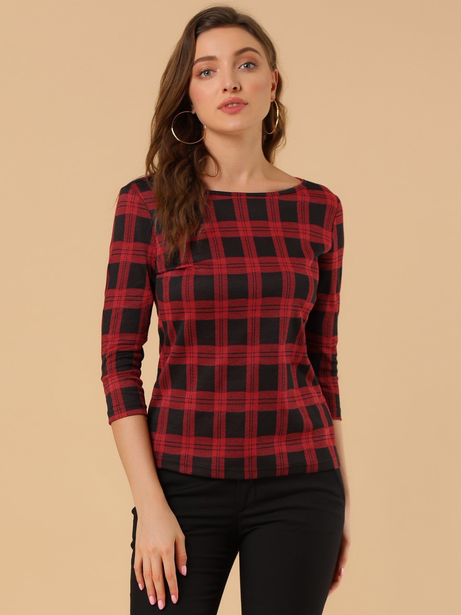 Work Office 3/4 Sleeve Boat Neck Houndstooth Printed Top Blouse