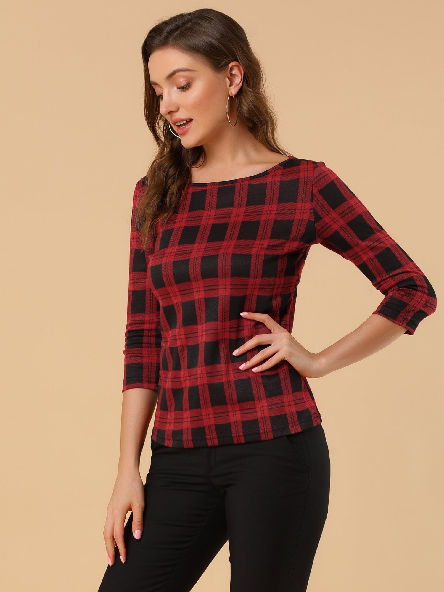 Work Office 3/4 Sleeve Boat Neck Houndstooth Printed Top Blouse