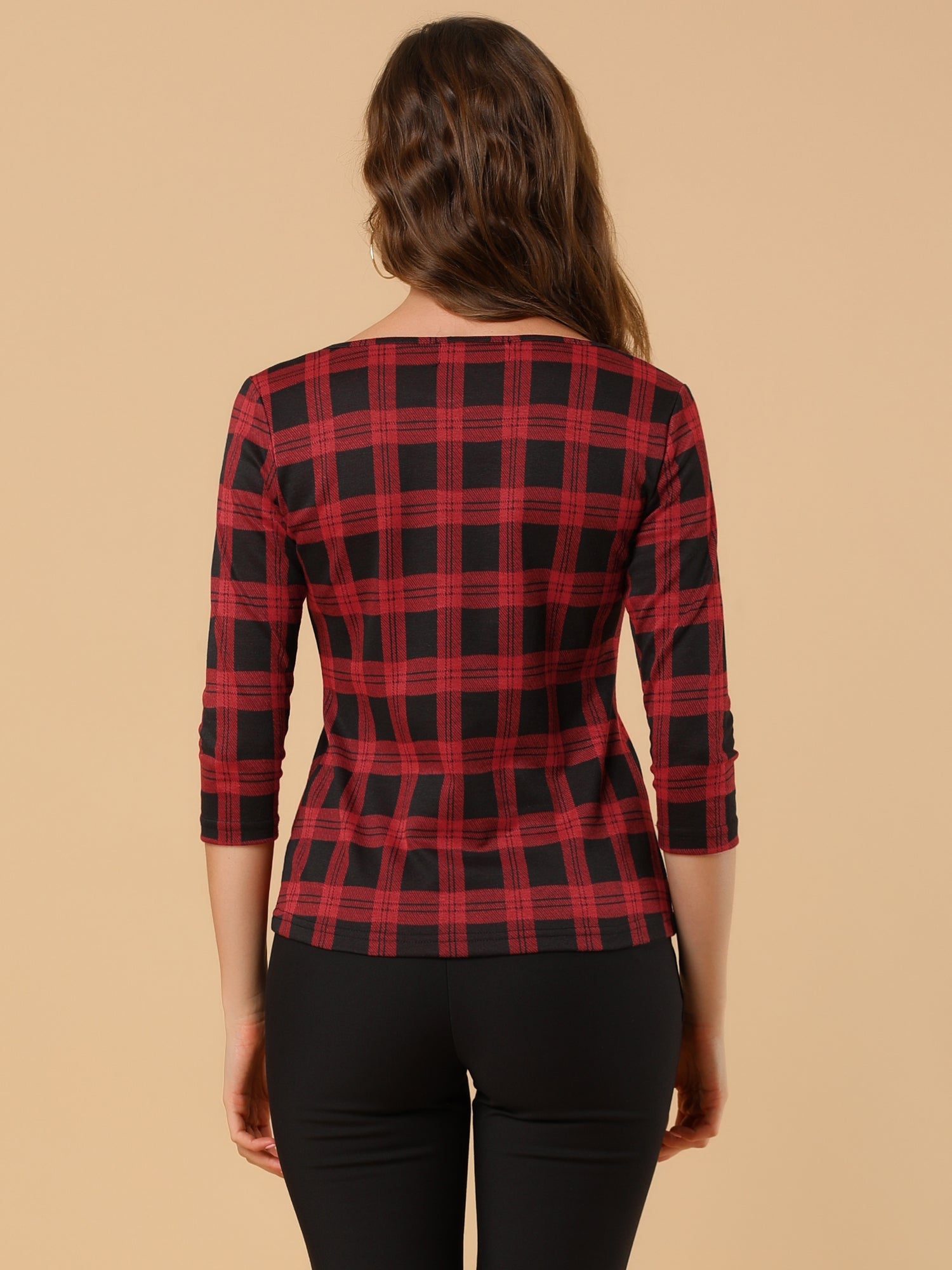 Work Office 3/4 Sleeve Boat Neck Houndstooth Printed Top Blouse