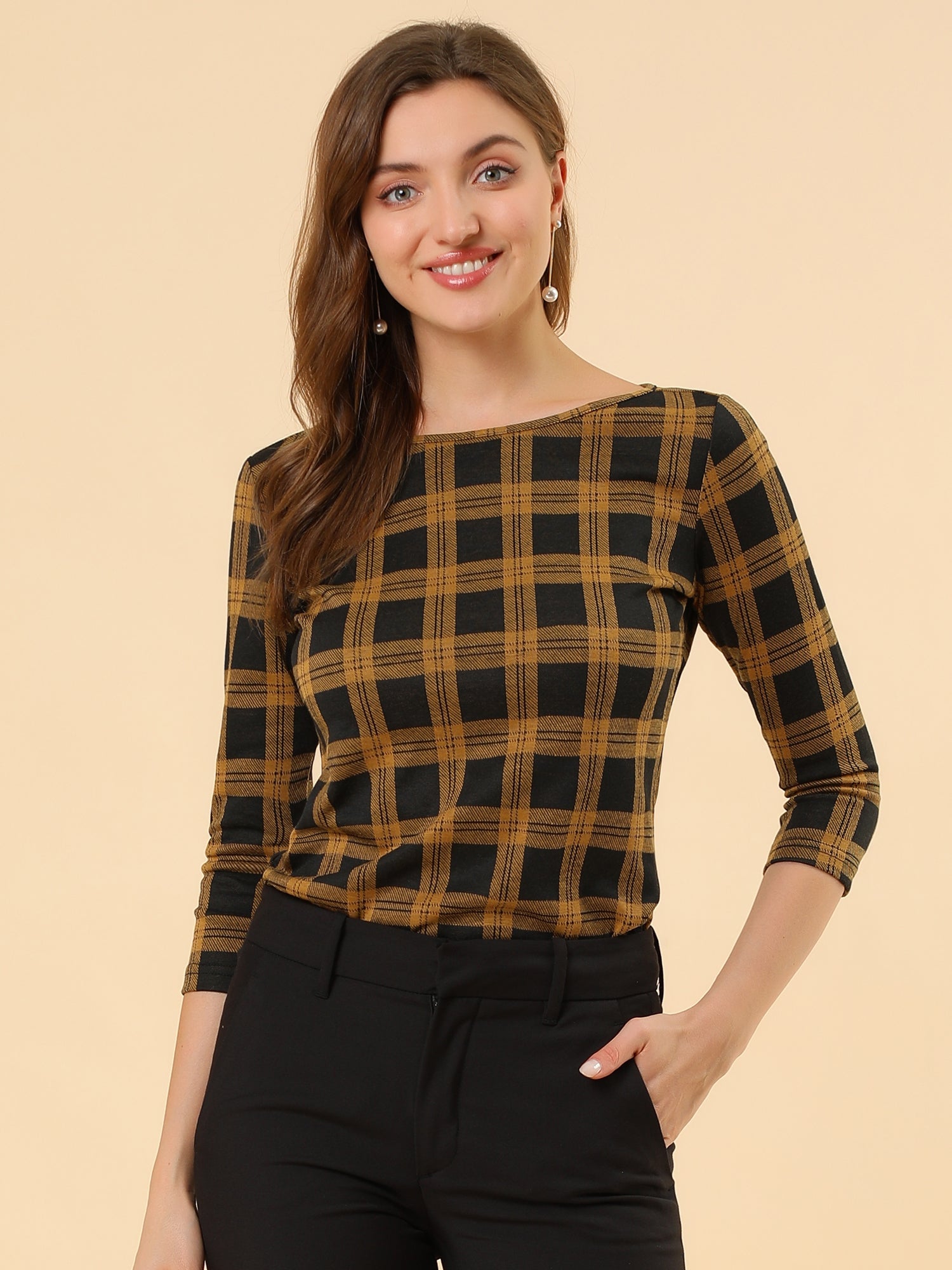 Work Office 3/4 Sleeve Boat Neck Houndstooth Printed Top Blouse