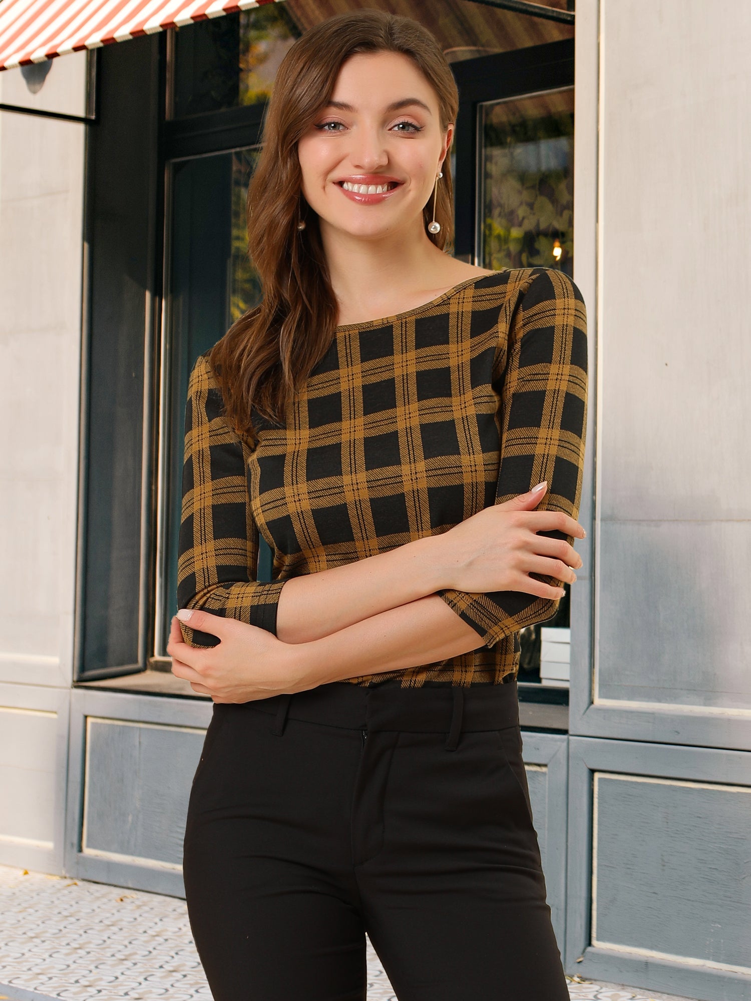 Work Office 3/4 Sleeve Boat Neck Houndstooth Printed Top Blouse