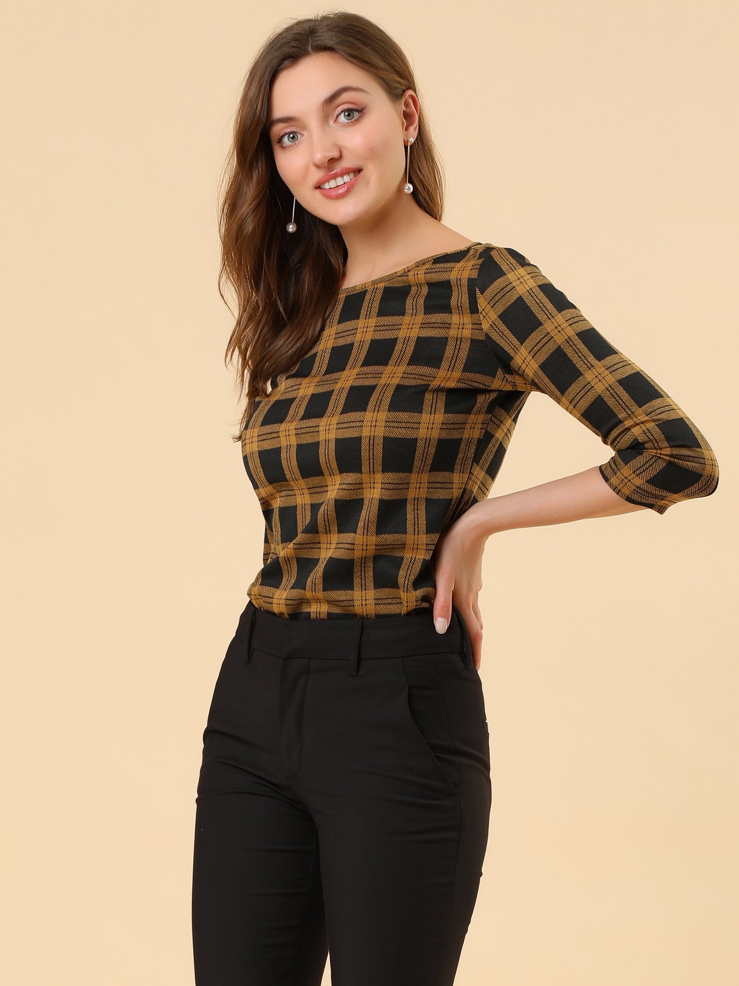 Work Office 3/4 Sleeve Boat Neck Houndstooth Printed Top Blouse