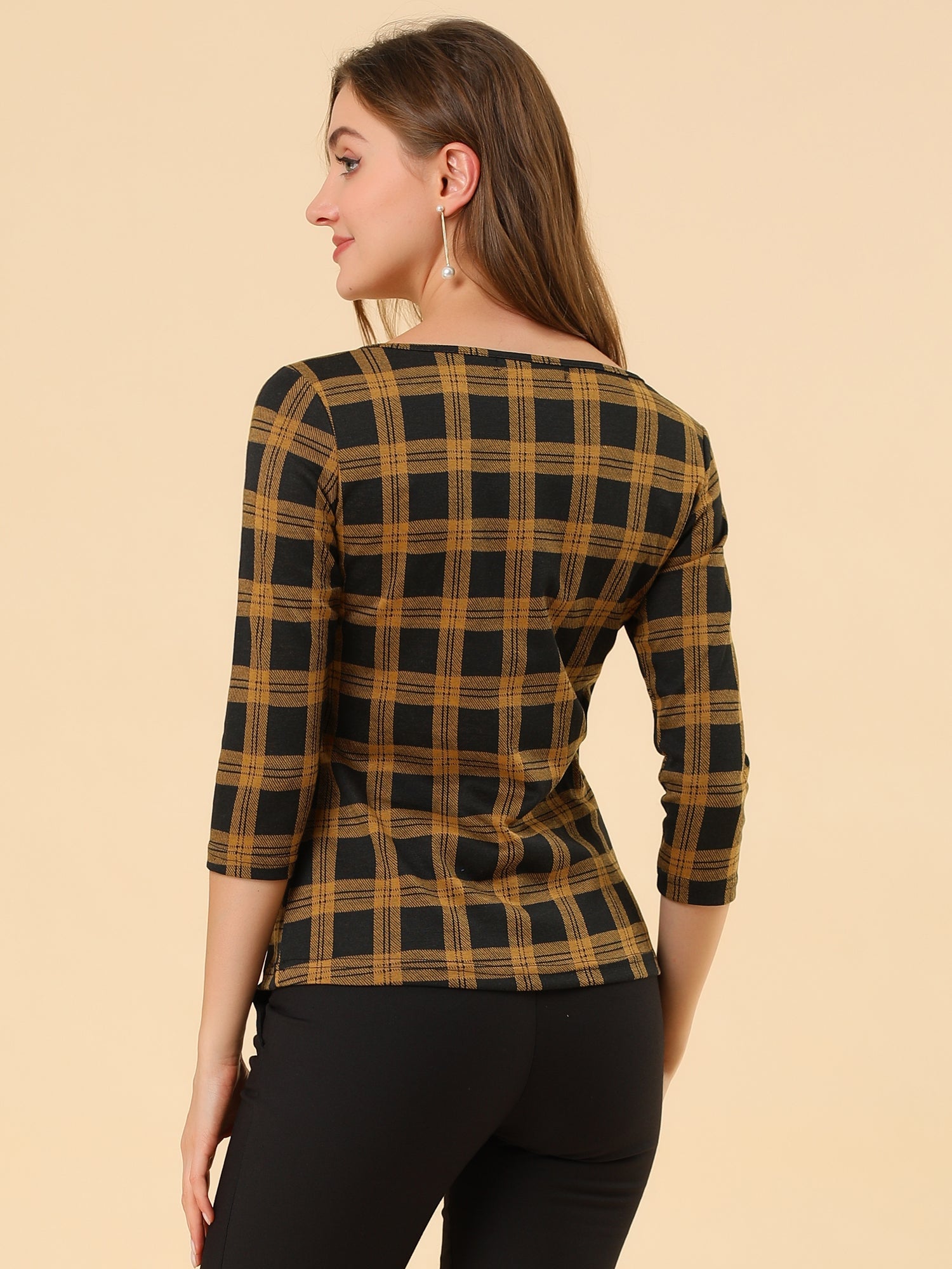 Work Office 3/4 Sleeve Boat Neck Houndstooth Printed Top Blouse