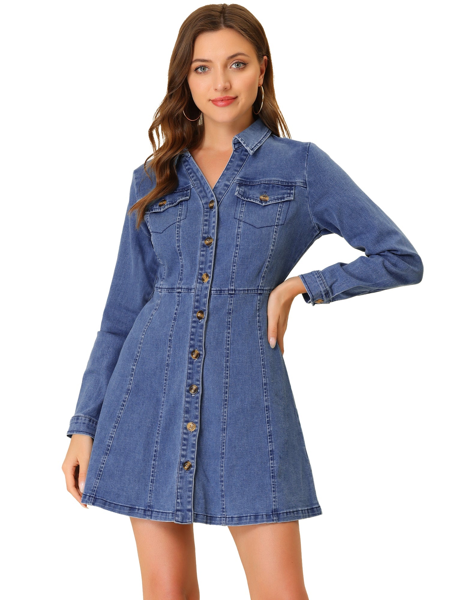 Button Down Collar V Neck Long Sleeve A-line Jean Denim Dress