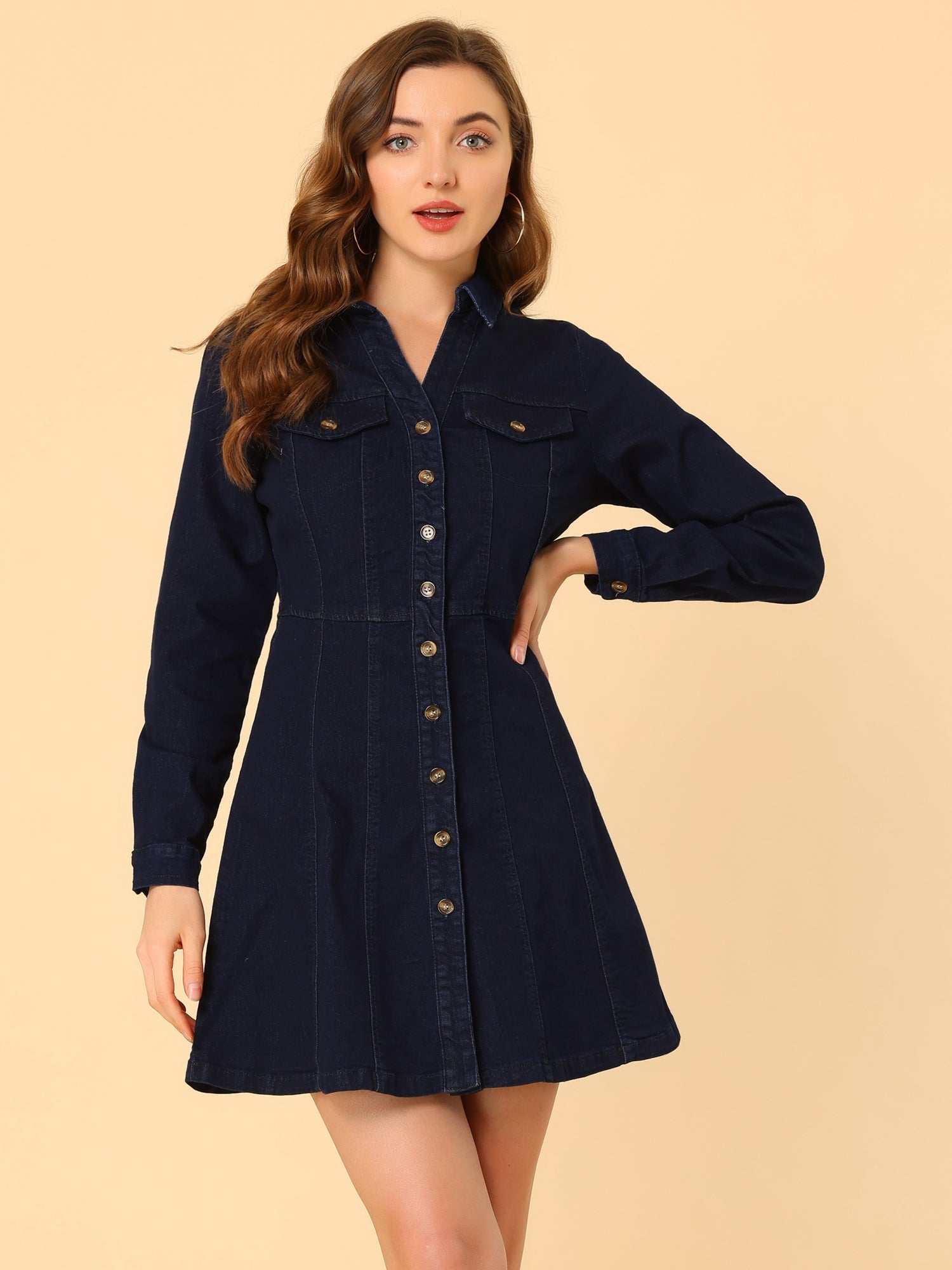 Button Down Collar V Neck Long Sleeve A-line Jean Denim Dress