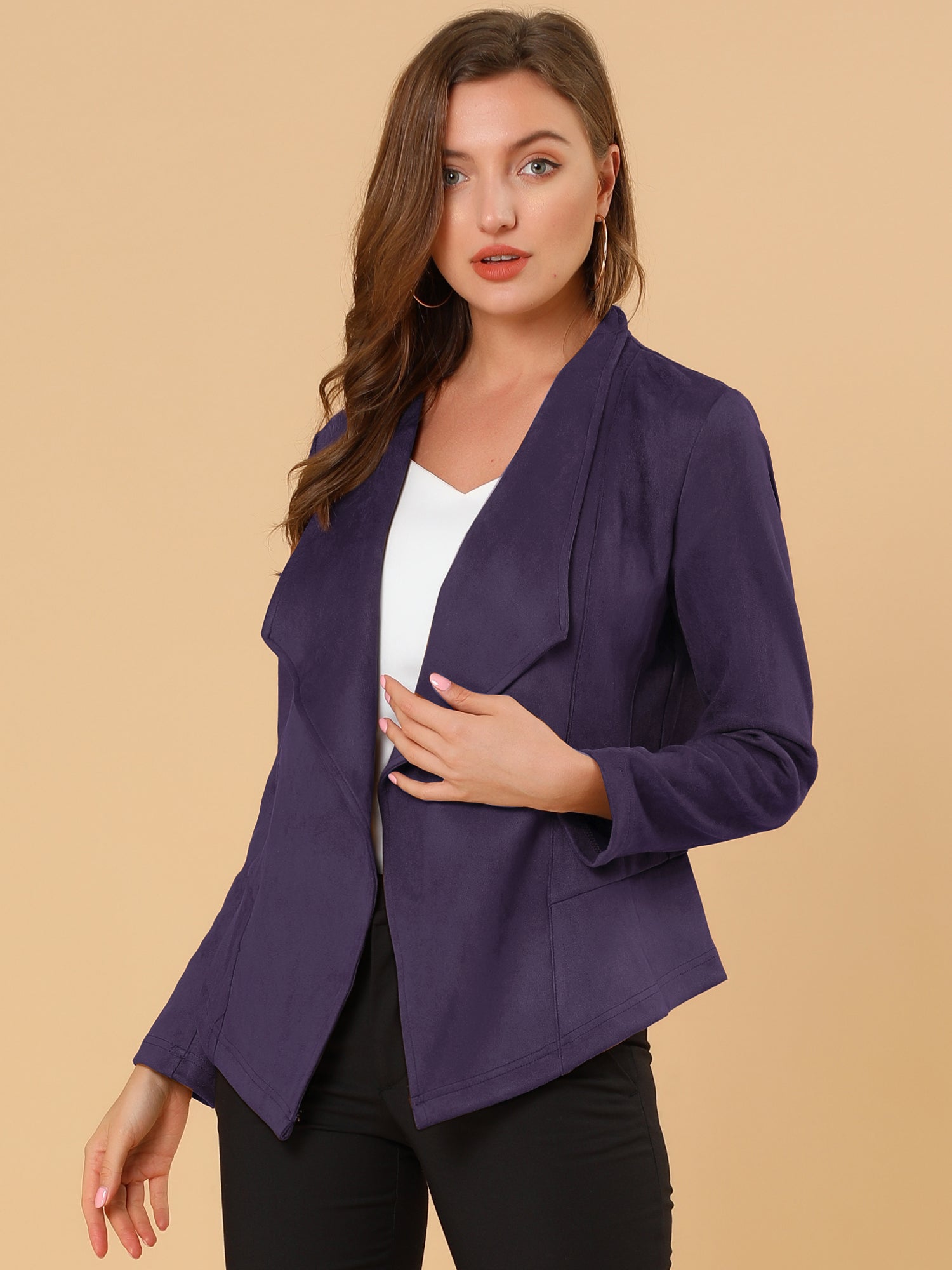 Faux Suede Jacket Open Front Lapel Draped Outwear Cardigan