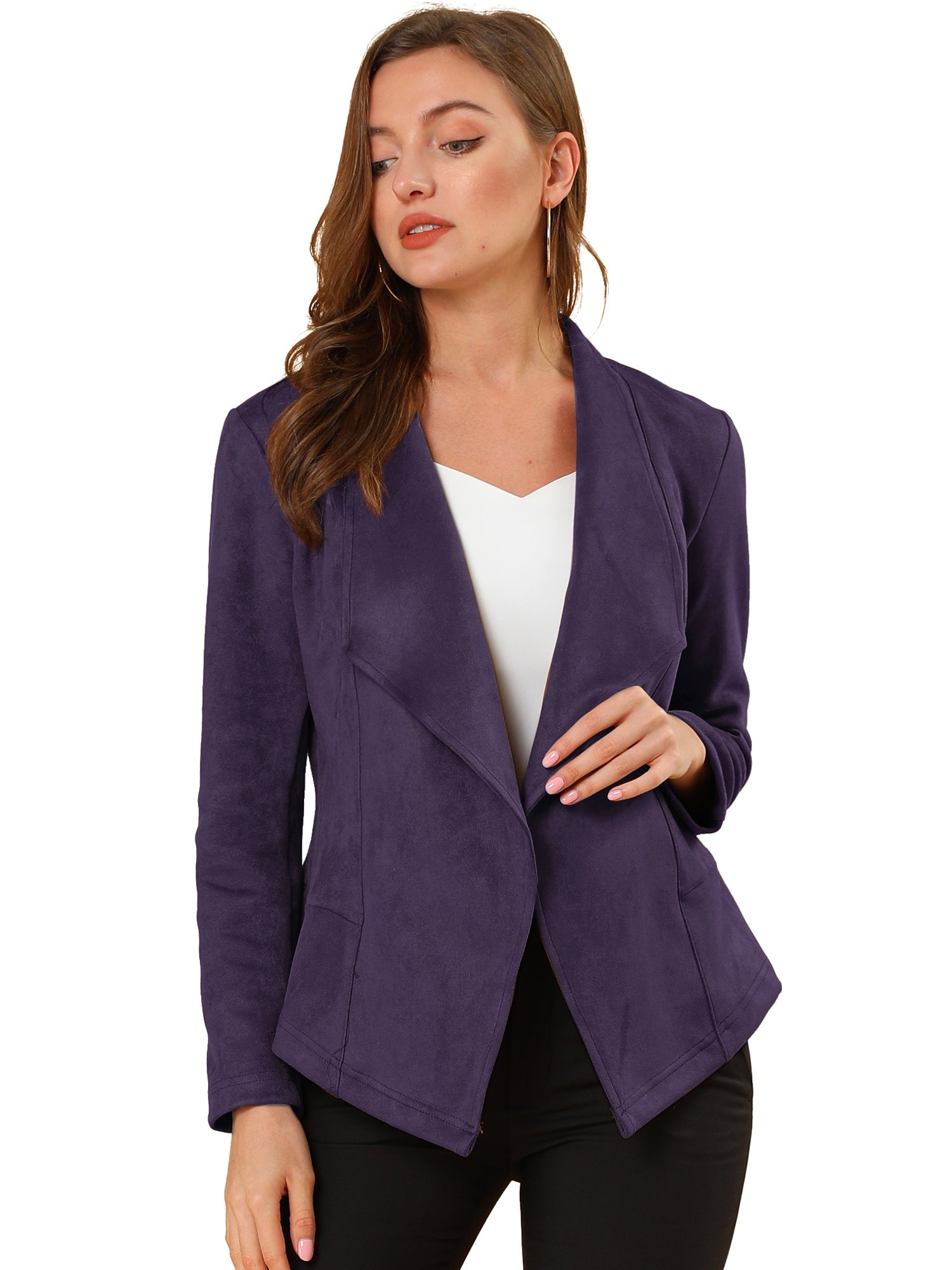 Faux Suede Jacket Open Front Lapel Draped Outwear Cardigan