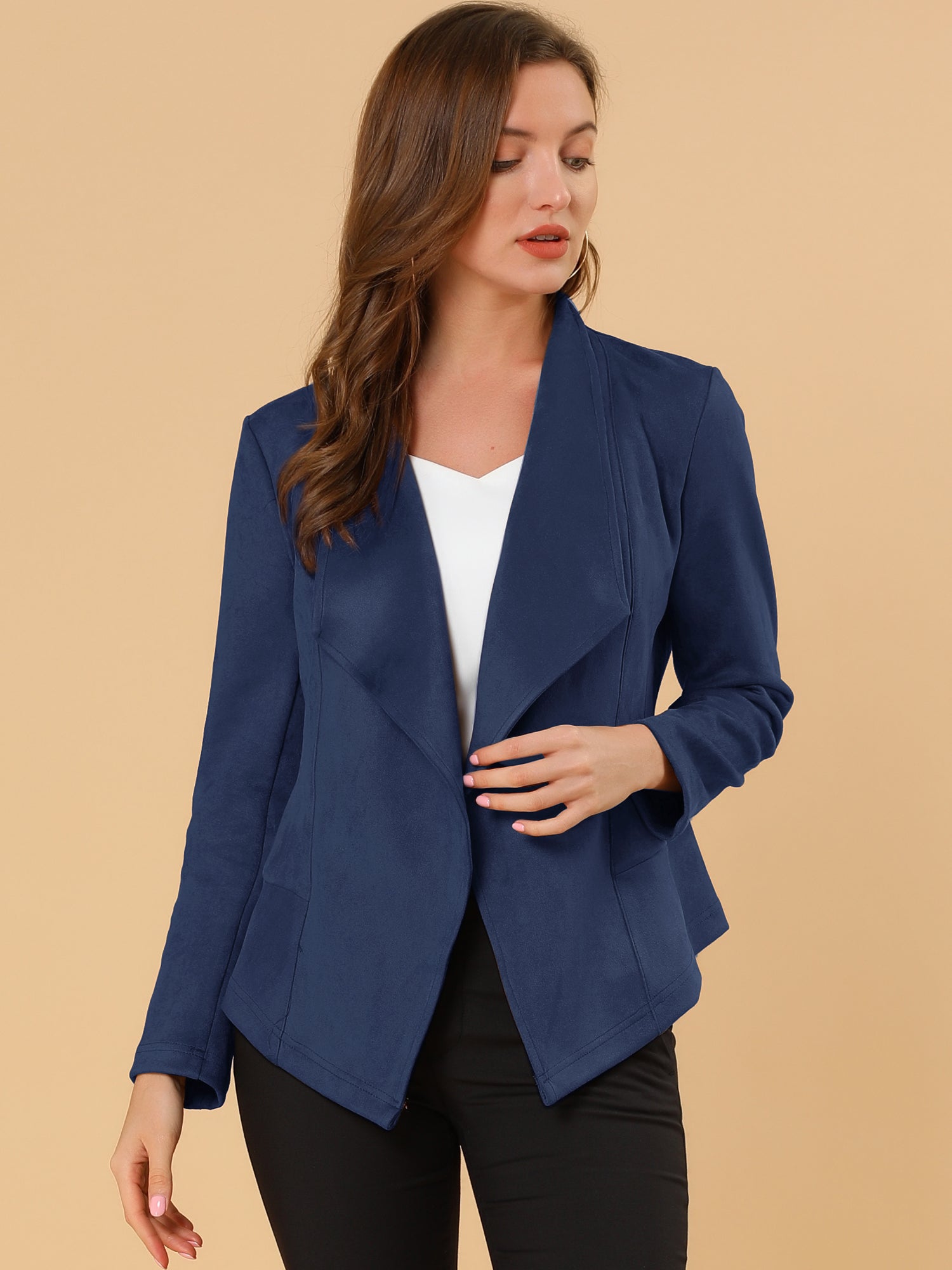 Faux Suede Jacket Open Front Lapel Draped Outwear Cardigan