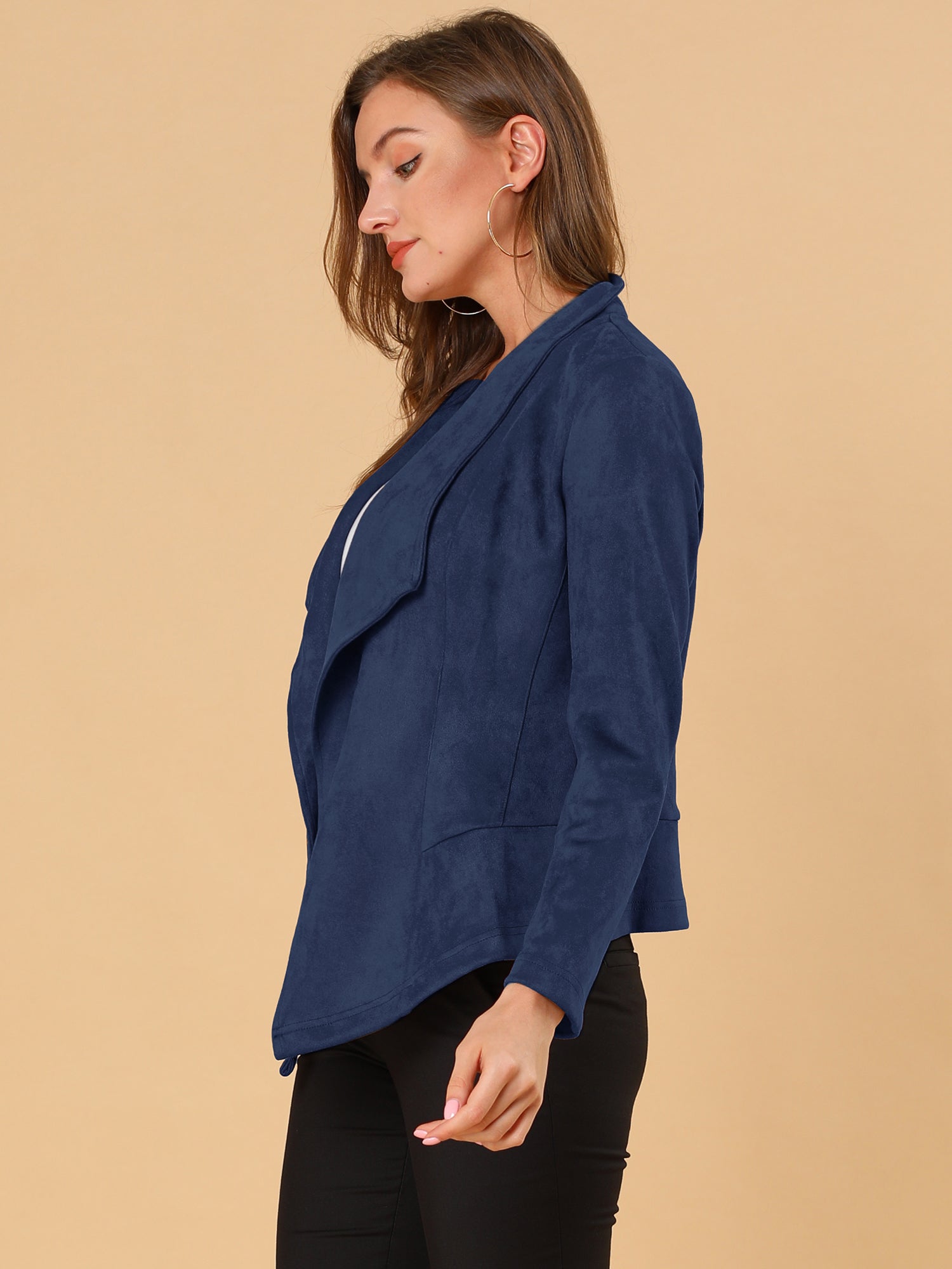 Faux Suede Jacket Open Front Lapel Draped Outwear Cardigan