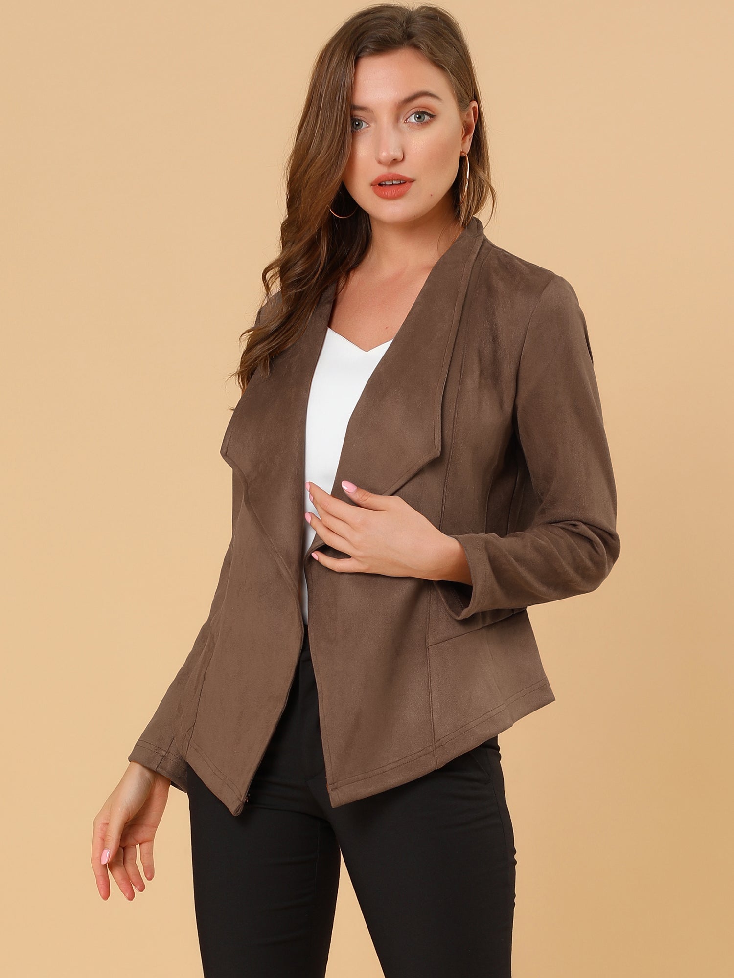 Faux Suede Jacket Open Front Lapel Draped Outwear Cardigan