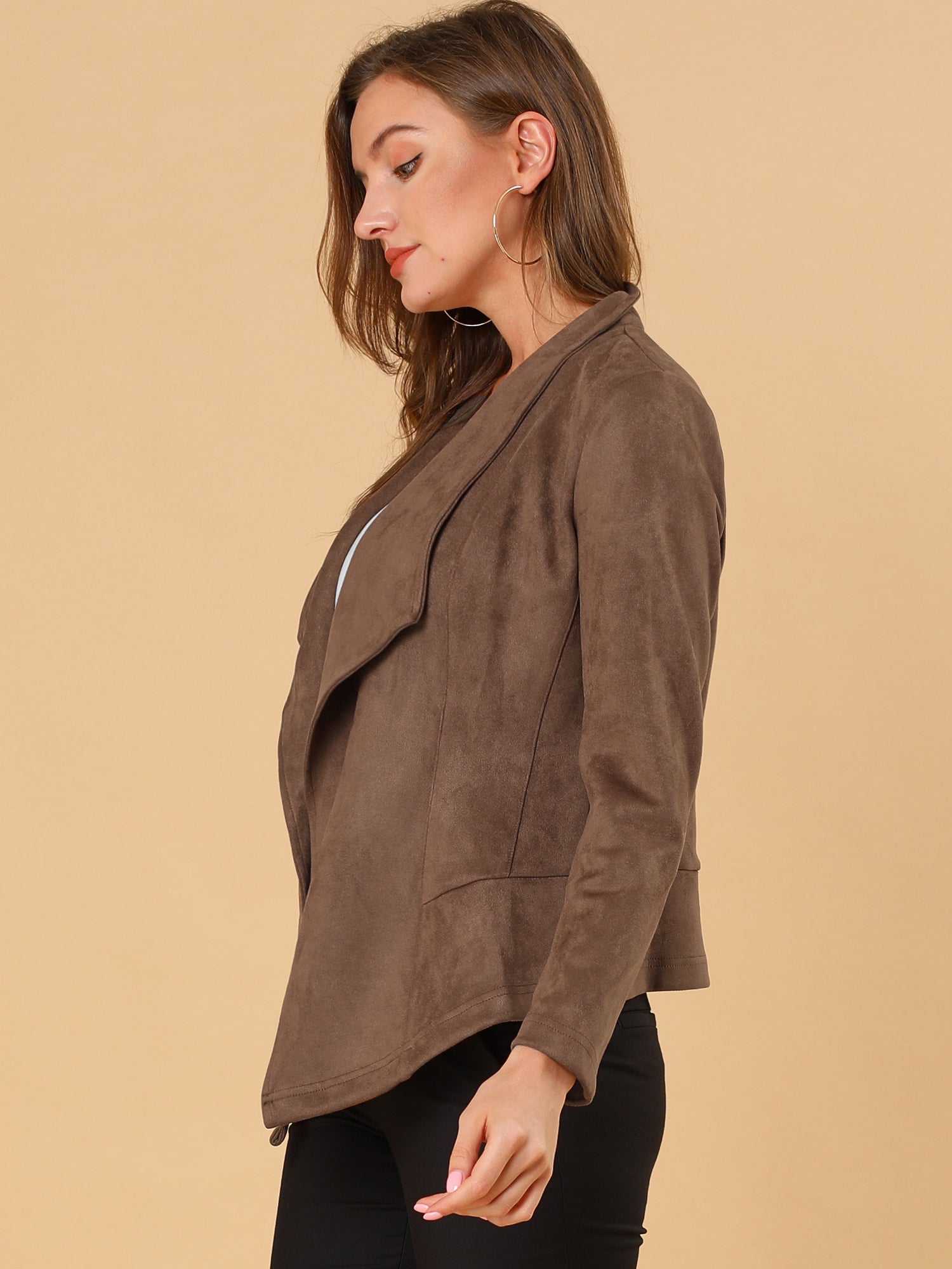 Faux Suede Jacket Open Front Lapel Draped Outwear Cardigan