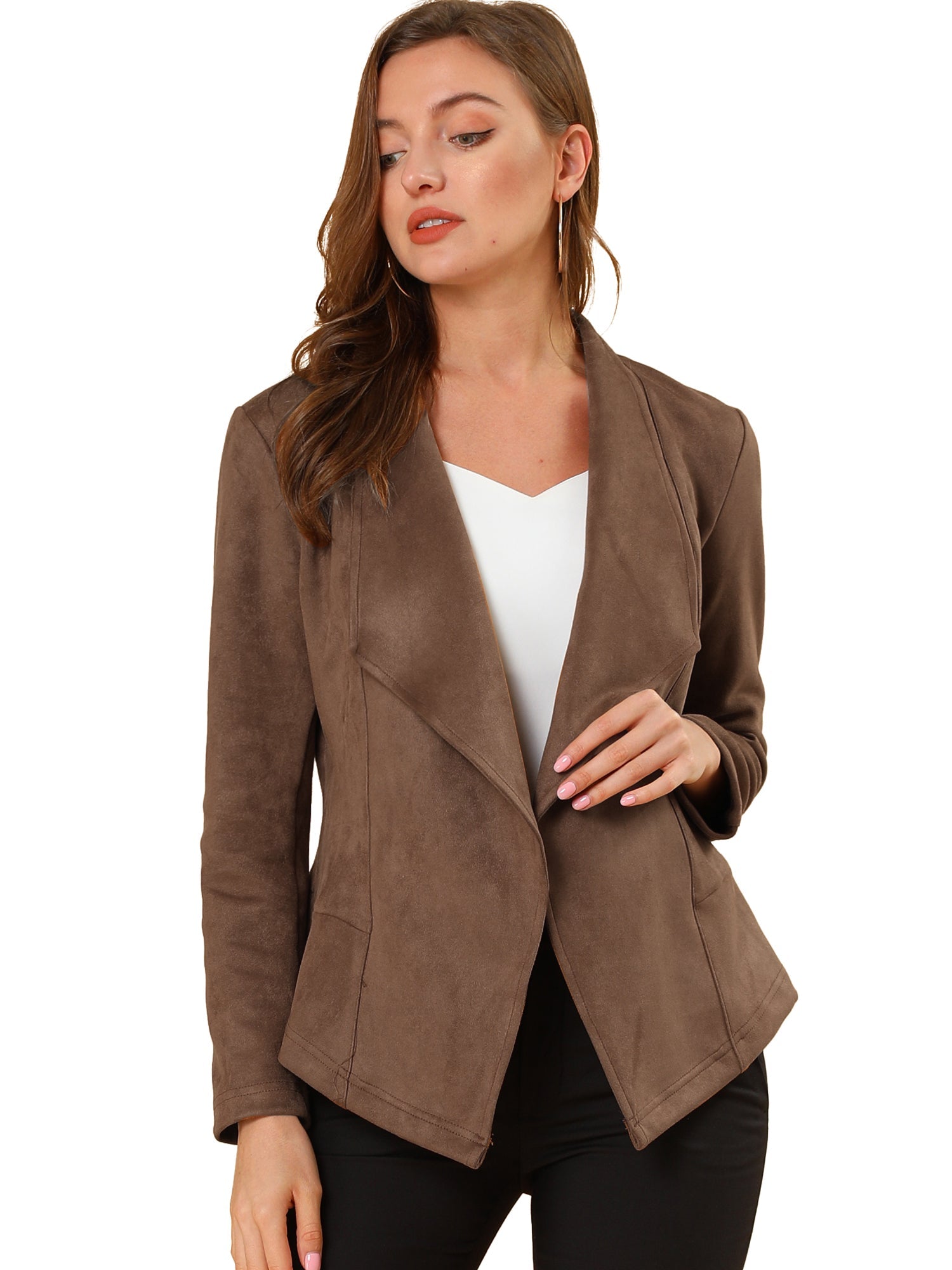 Faux Suede Jacket Open Front Lapel Draped Outwear Cardigan