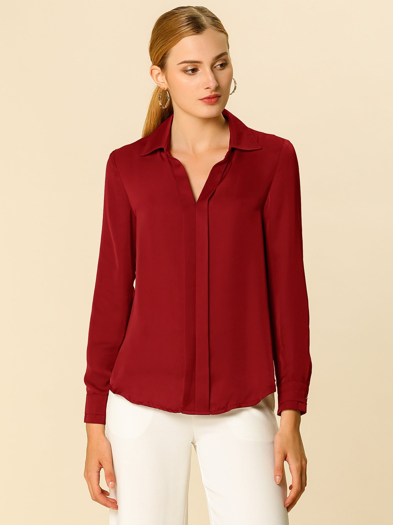 Satin V Neck Long Sleeve Silky Office Work Solid Shirt