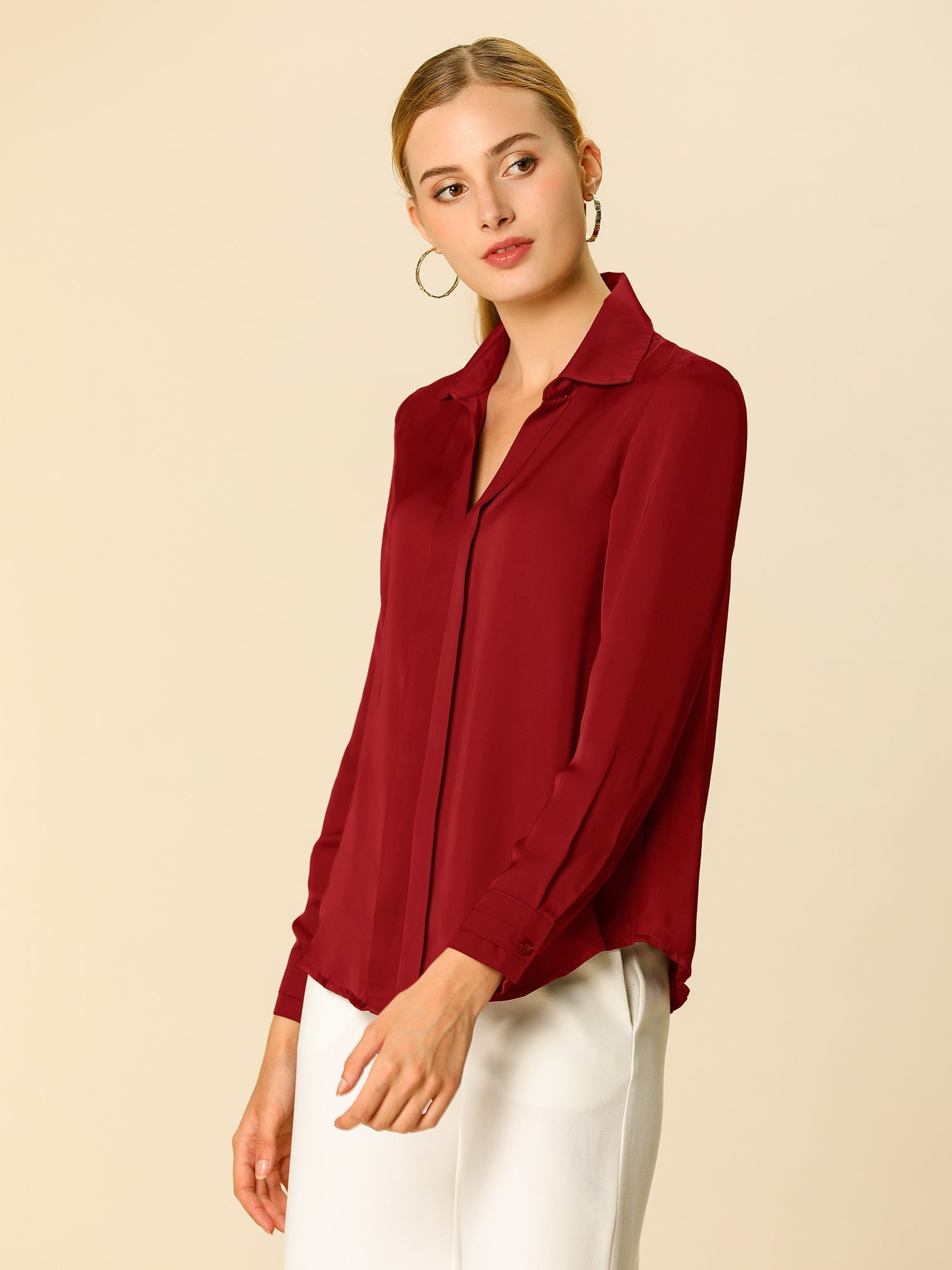 Satin V Neck Long Sleeve Silky Office Work Solid Shirt
