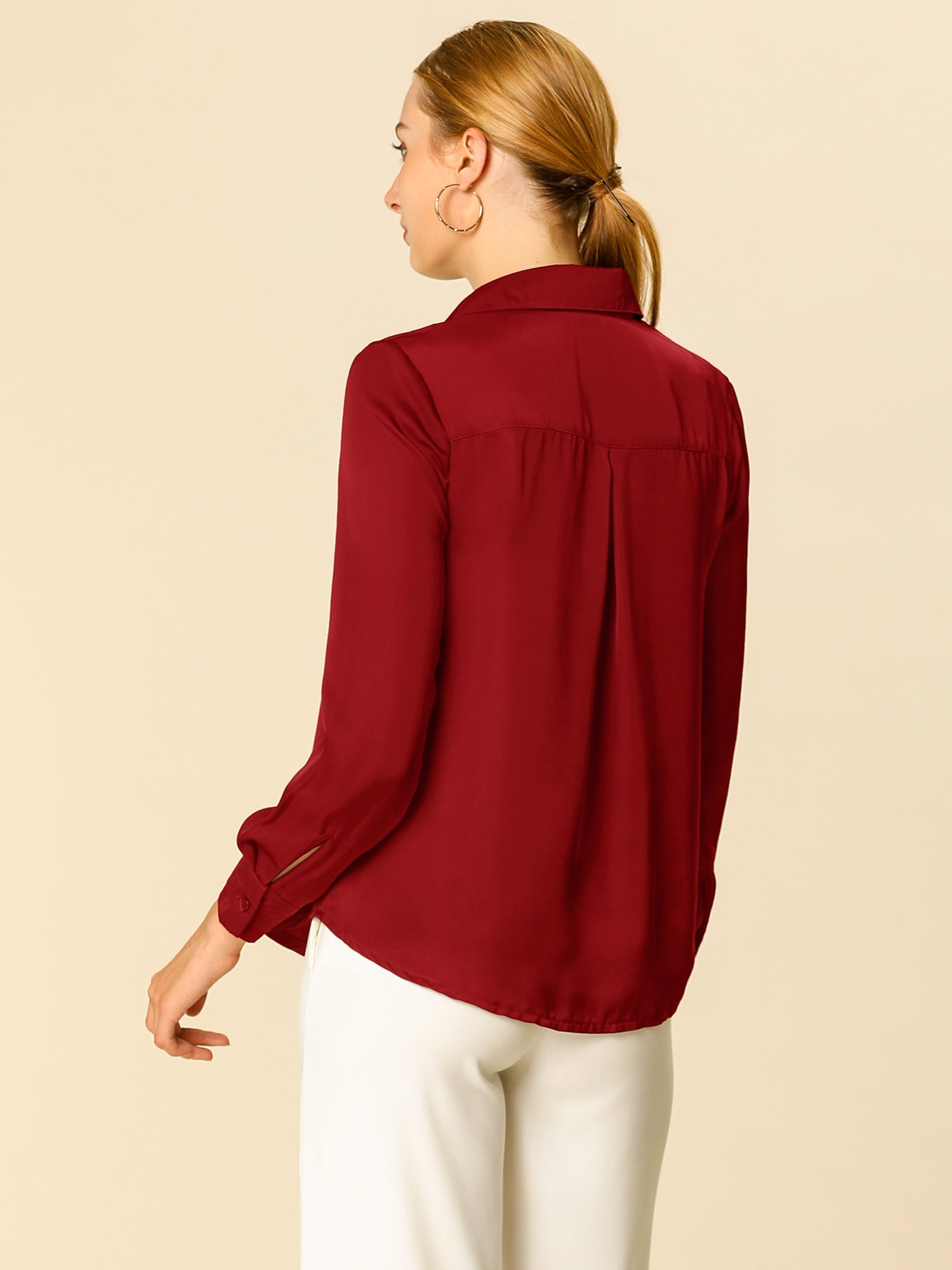 Satin V Neck Long Sleeve Silky Office Work Solid Shirt