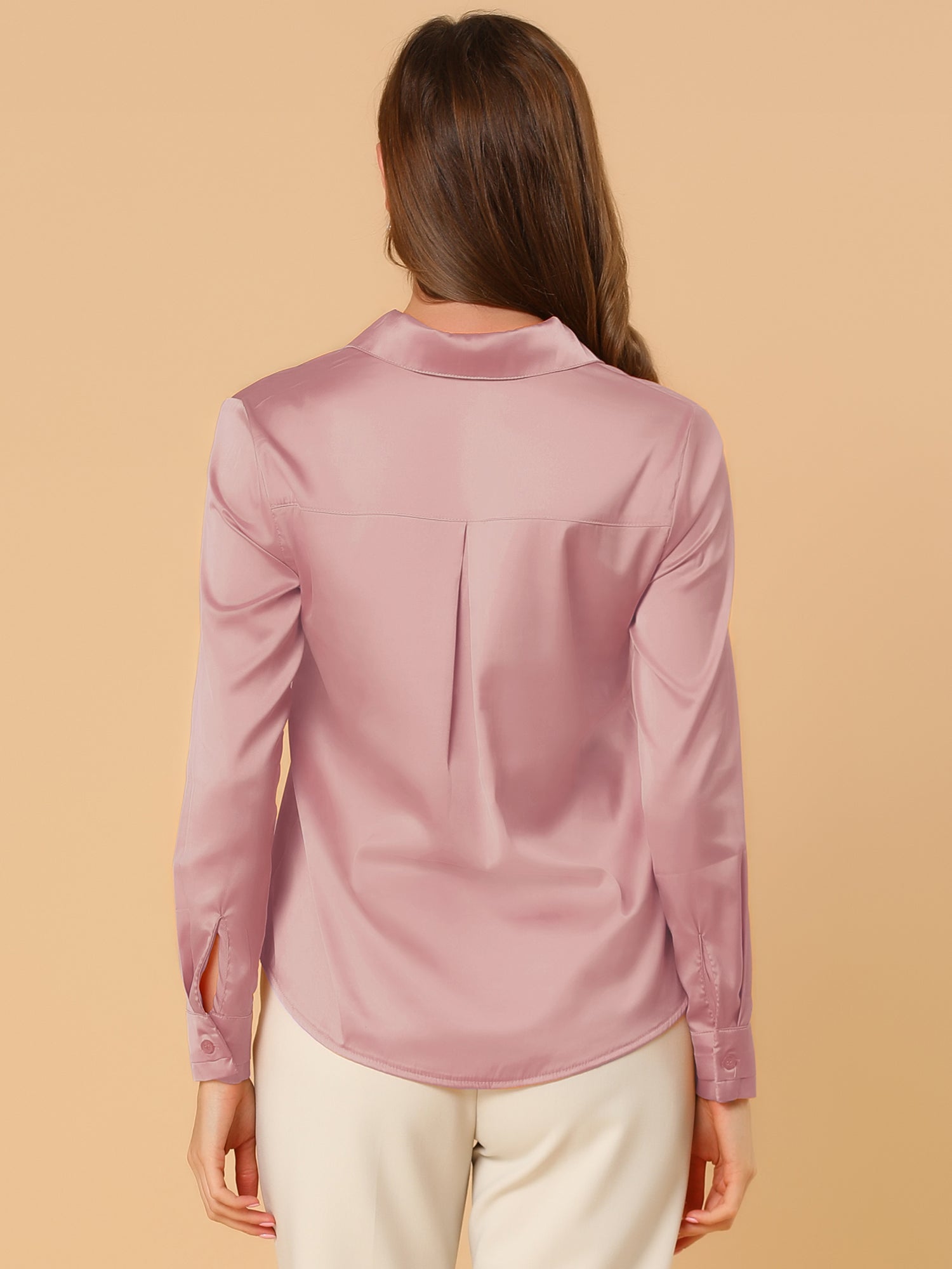 Satin V Neck Long Sleeve Silky Office Work Solid Shirt