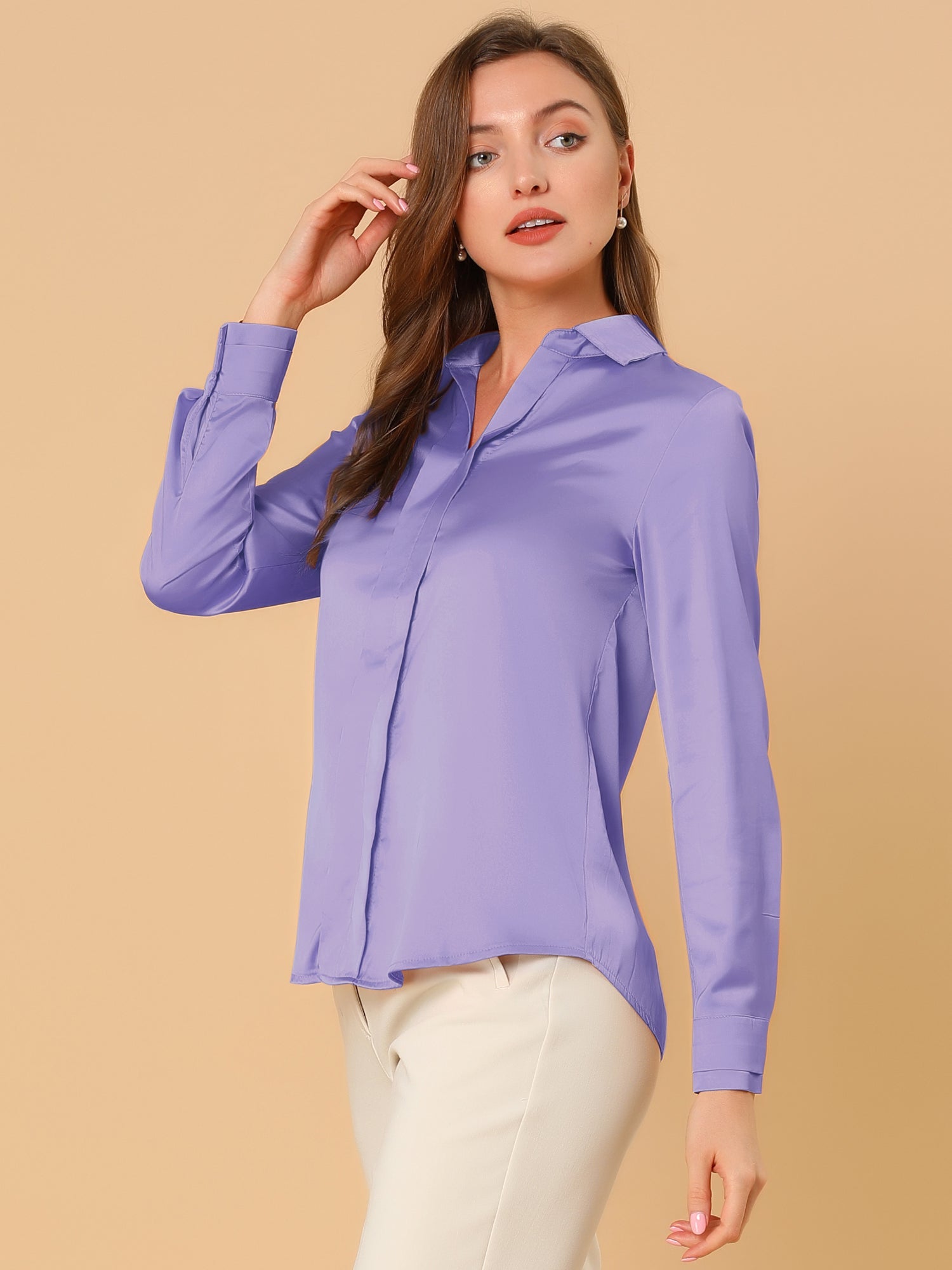 Satin V Neck Long Sleeve Silky Office Work Solid Shirt