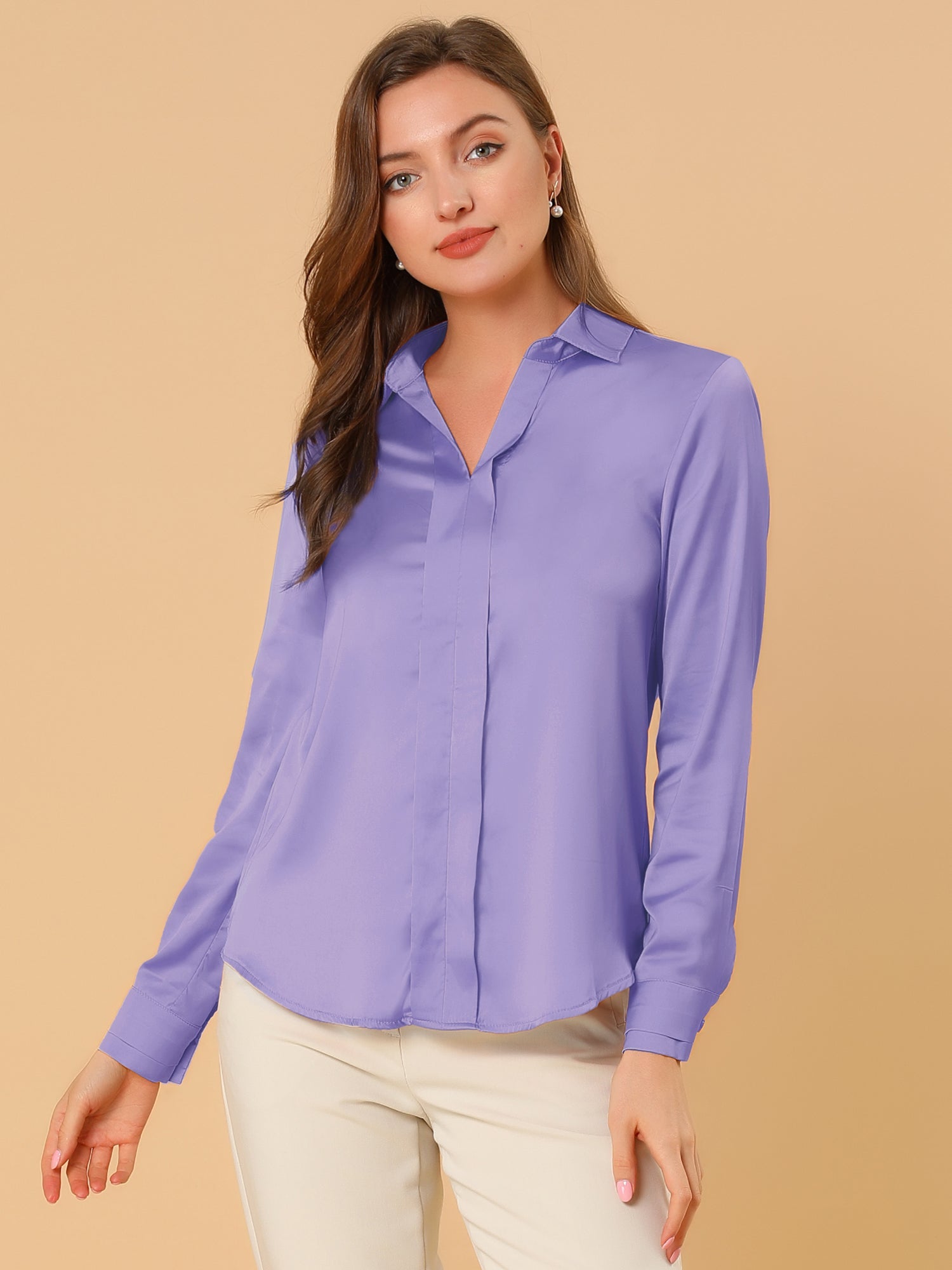 Satin V Neck Long Sleeve Silky Office Work Solid Shirt