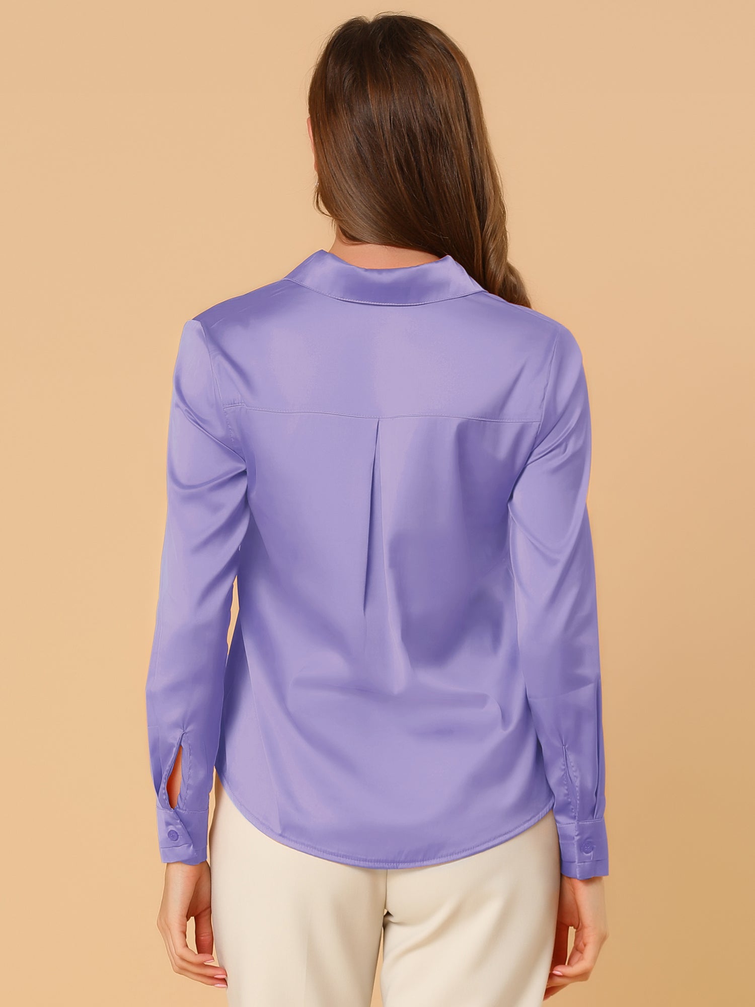 Satin V Neck Long Sleeve Silky Office Work Solid Shirt