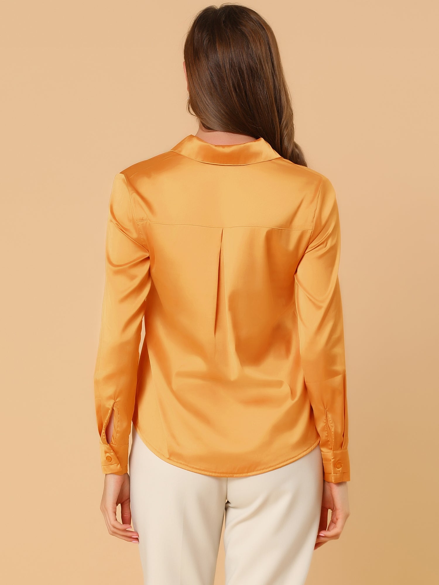 Satin V Neck Long Sleeve Silky Office Work Solid Shirt